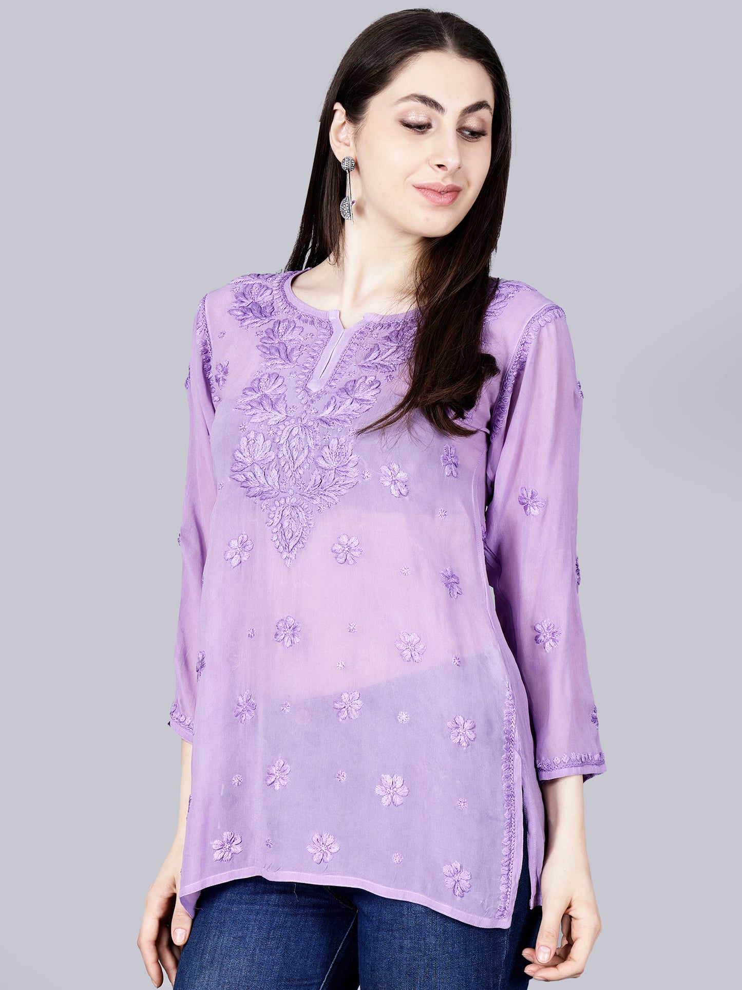 "The Chikankari Story" Chic and Comfortable: 3D Chikankari Hand-Embroidered Short Top & Kurti in Pure Viscose – Available in Black, Purple, Peach, Sea Green, and Lemon Green.