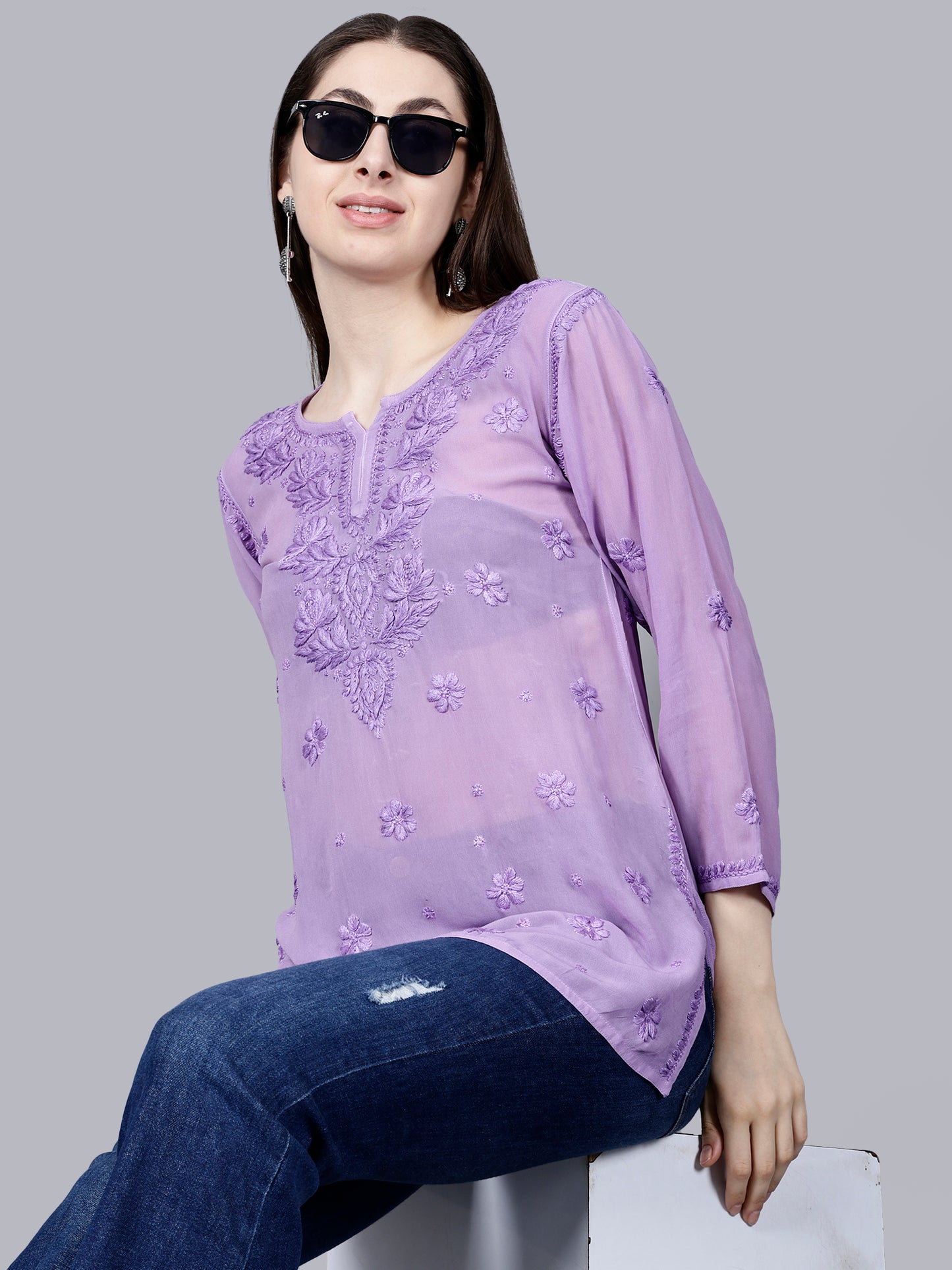 "The Chikankari Story" Chic and Comfortable: 3D Chikankari Hand-Embroidered Short Top & Kurti in Pure Viscose – Available in Black, Purple, Peach, Sea Green, and Lemon Green.