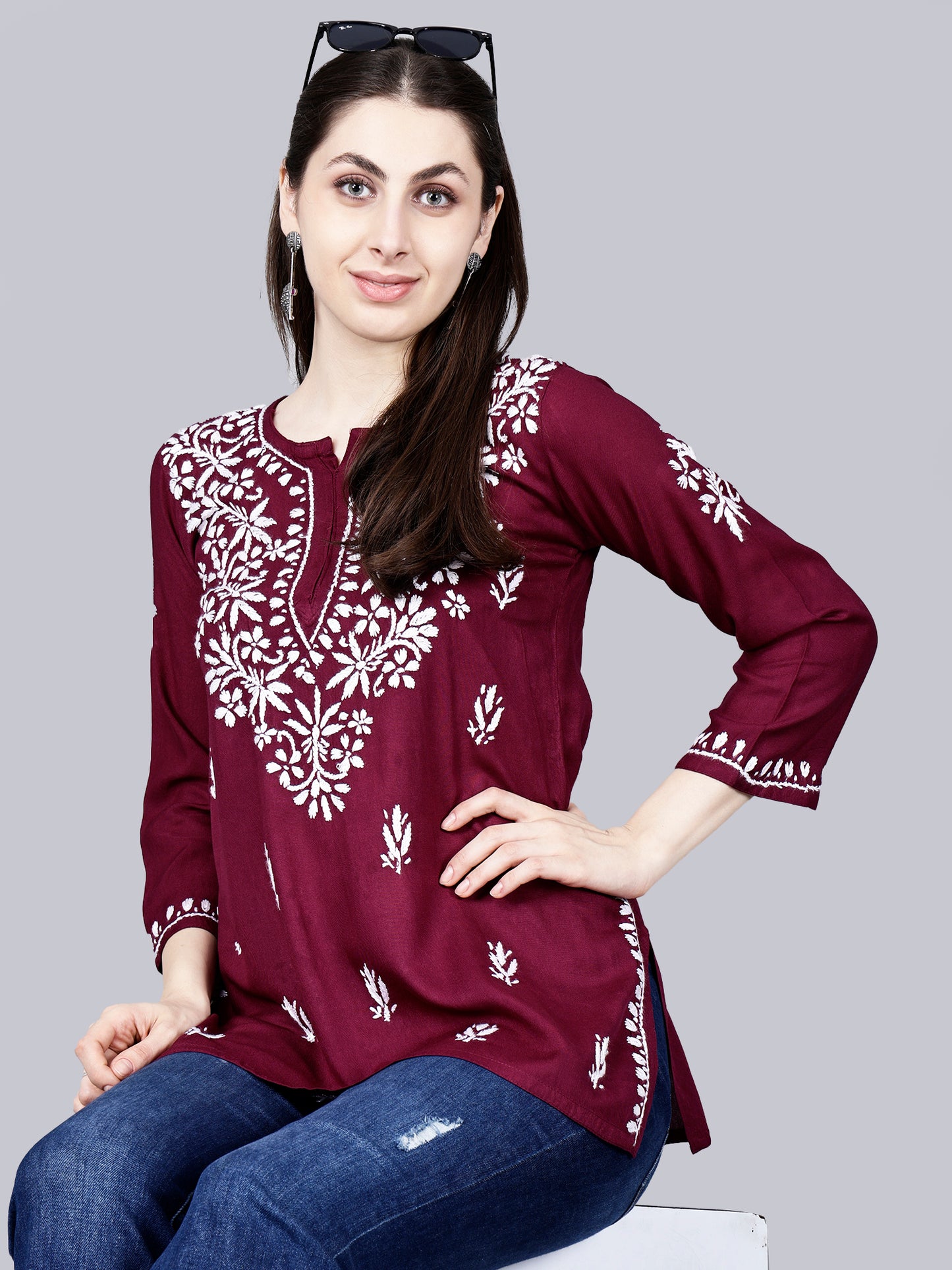 The Chikankari Story: Lucknowi Chikankari Hand Embroidery Cotton Rayon Short Kurti, Kurta, Top, and Tunic Collection in Deep Sea Green, Green Olive, Cool Blue, Black, and Grey