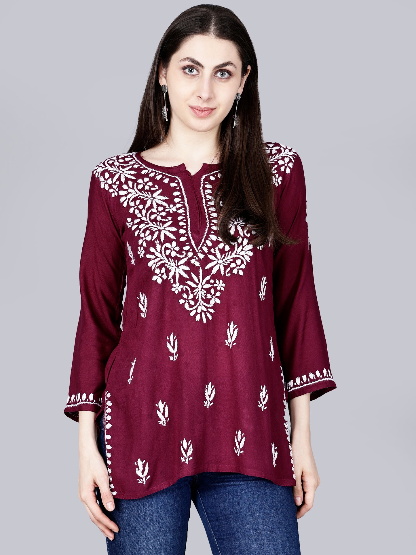 The Chikankari Story: Lucknowi Chikankari Hand Embroidery Cotton Rayon Short Kurti, Kurta, Top, and Tunic Collection in Deep Sea Green, Green Olive, Cool Blue, Black, and Grey