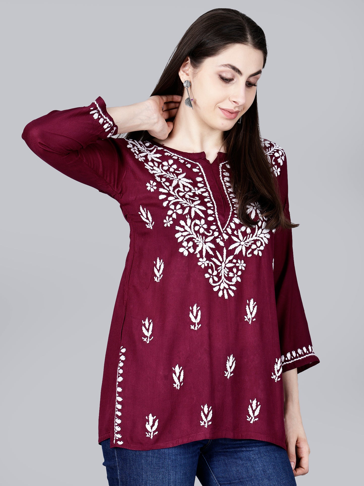 The Chikankari Story: Lucknowi Chikankari Hand Embroidery Cotton Rayon Short Kurti, Kurta, Top, and Tunic Collection in Deep Sea Green, Green Olive, Cool Blue, Black, and Grey