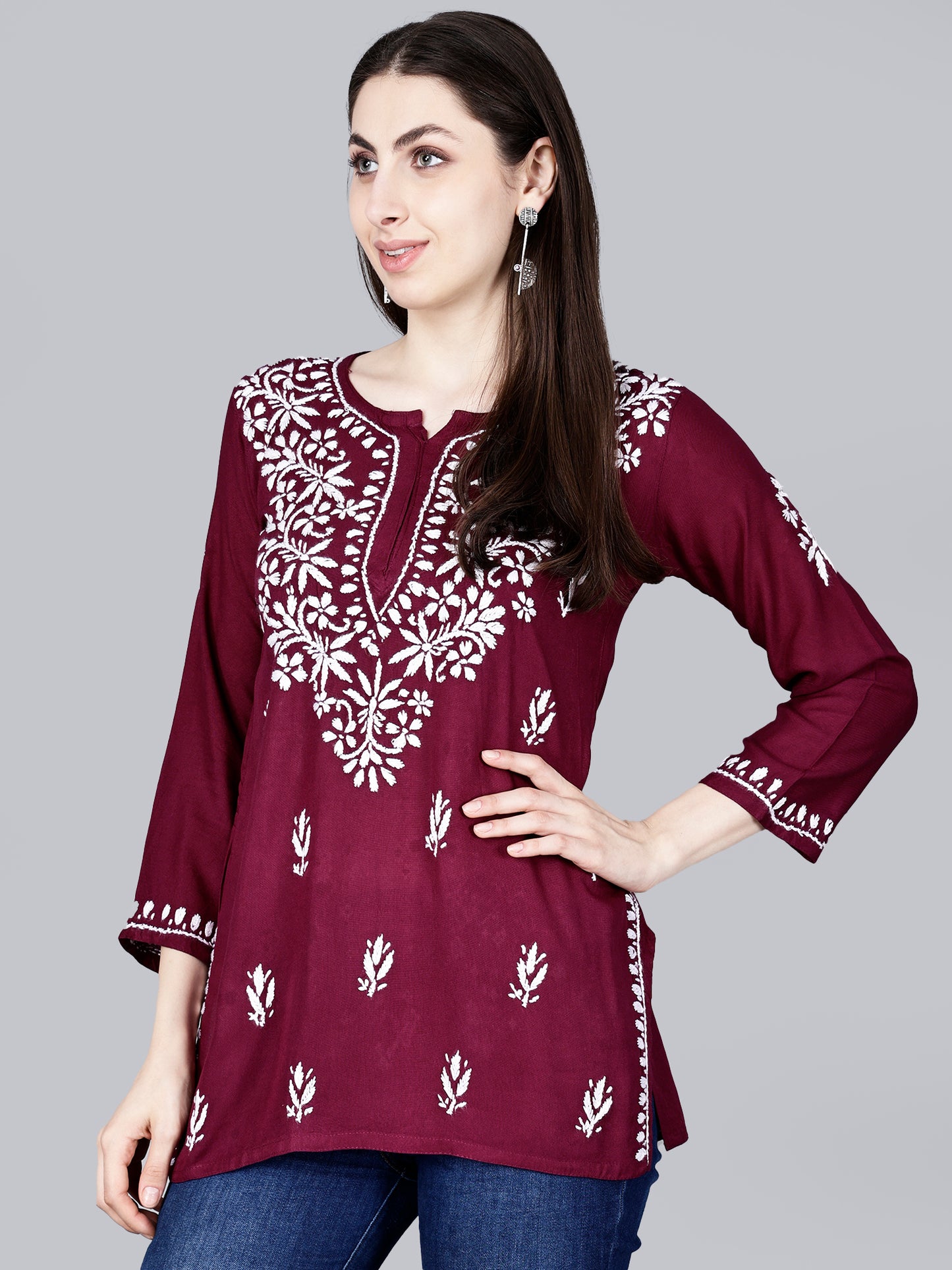 The Chikankari Story: Lucknowi Chikankari Hand Embroidery Cotton Rayon Short Kurti, Kurta, Top, and Tunic Collection in Deep Sea Green, Green Olive, Cool Blue, Black, and Grey