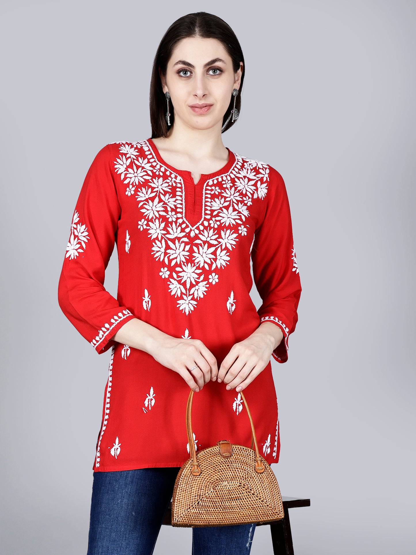 The Chikankari Story: Lucknowi Chikankari Hand Embroidery Cotton Rayon Short Kurti, Kurta, Top, and Tunic Collection in Deep Sea Green, Green Olive, Cool Blue, Black, and Grey