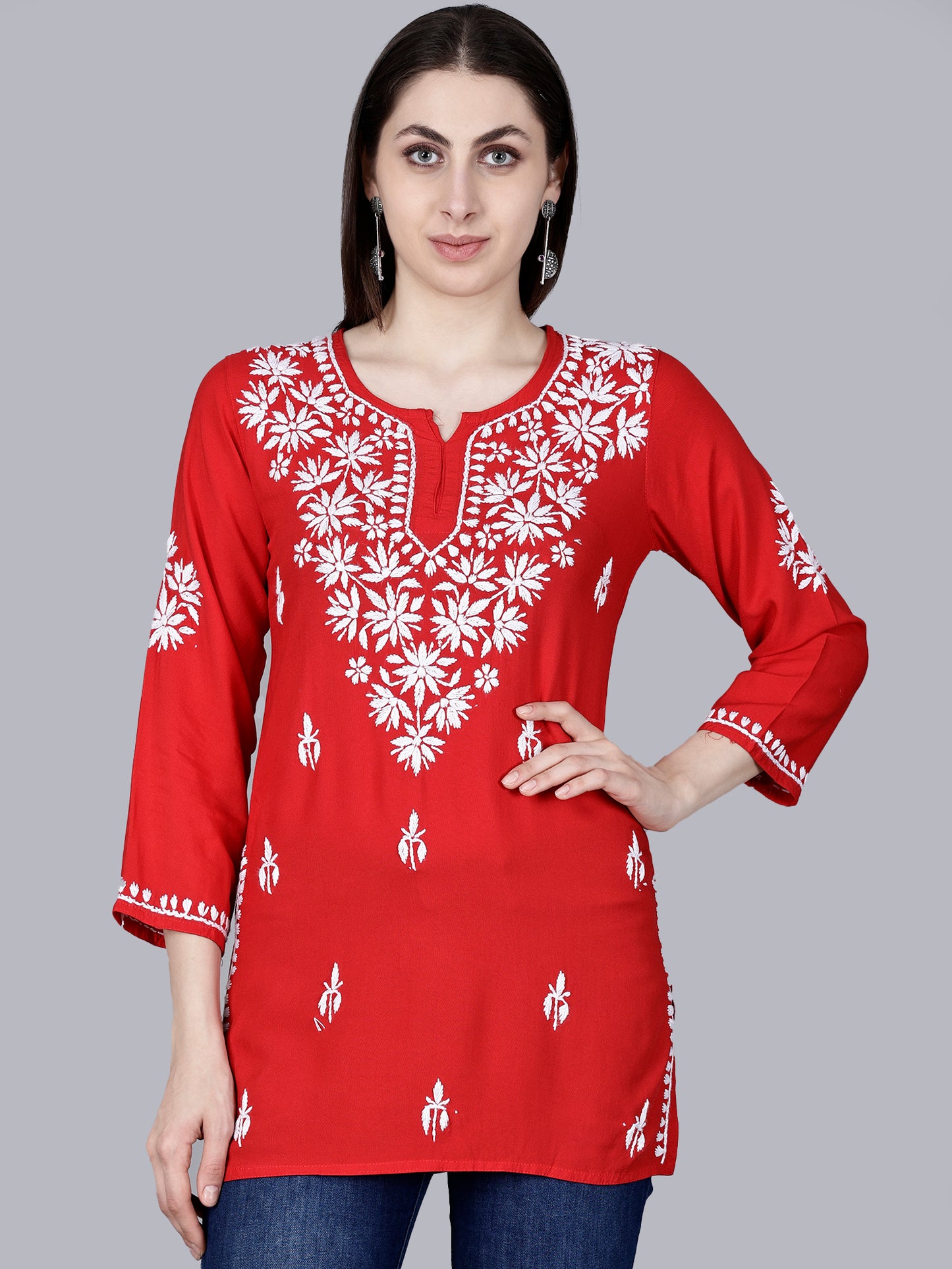 The Chikankari Story: Lucknowi Chikankari Hand Embroidery Cotton Rayon Short Kurti, Kurta, Top, and Tunic Collection in Deep Sea Green, Green Olive, Cool Blue, Black, and Grey