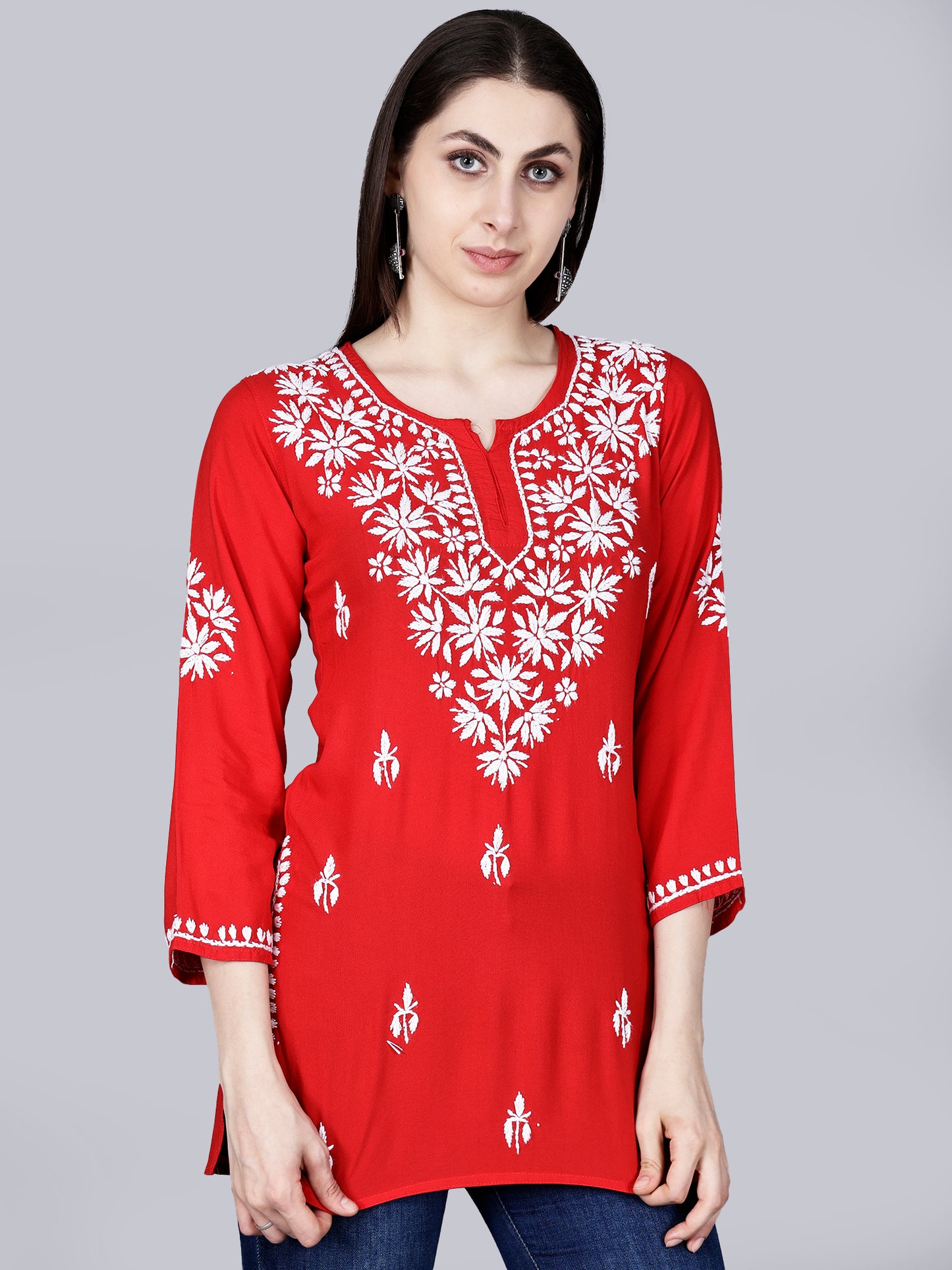 The Chikankari Story: Lucknowi Chikankari Hand Embroidery Cotton Rayon Short Kurti, Kurta, Top, and Tunic Collection in Deep Sea Green, Green Olive, Cool Blue, Black, and Grey