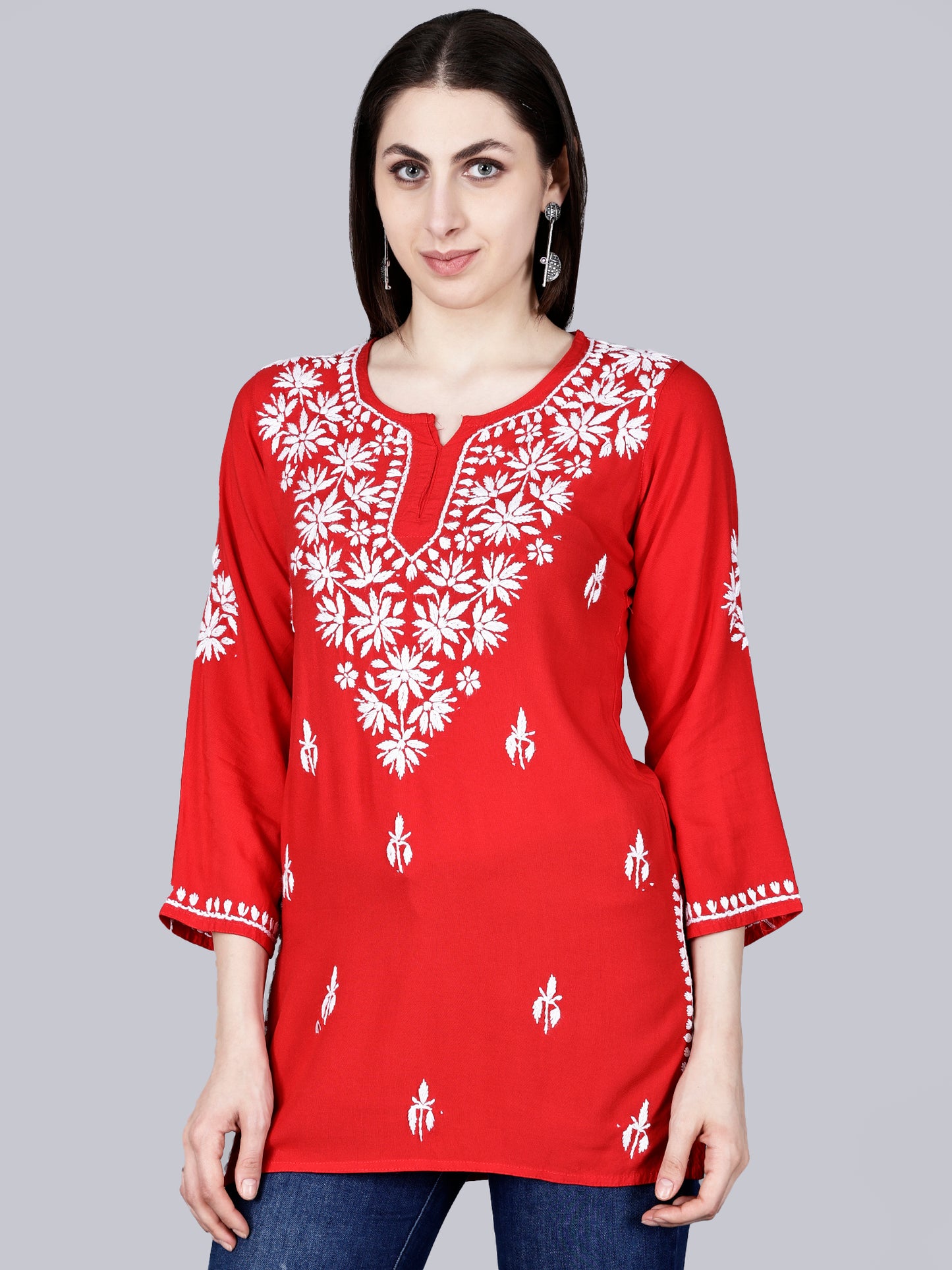 The Chikankari Story: Lucknowi Chikankari Hand Embroidery Cotton Rayon Short Kurti, Kurta, Top, and Tunic Collection in Deep Sea Green, Green Olive, Cool Blue, Black, and Grey