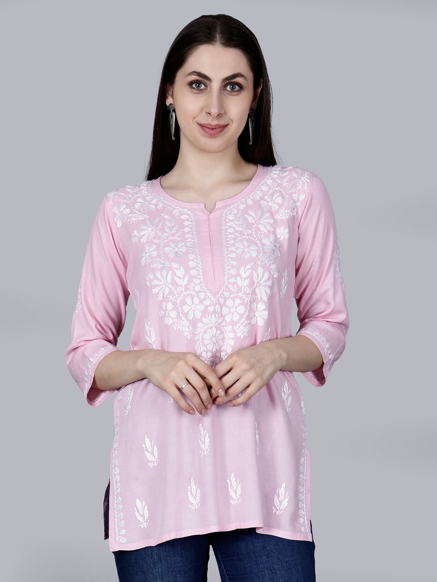 The Chikankari Story: Lucknowi Chikankari Hand Embroidery Cotton Rayon Short Kurti, Kurta, Top, and Tunic Collection in Deep Sea Green, Green Olive, Cool Blue, Black, and Grey