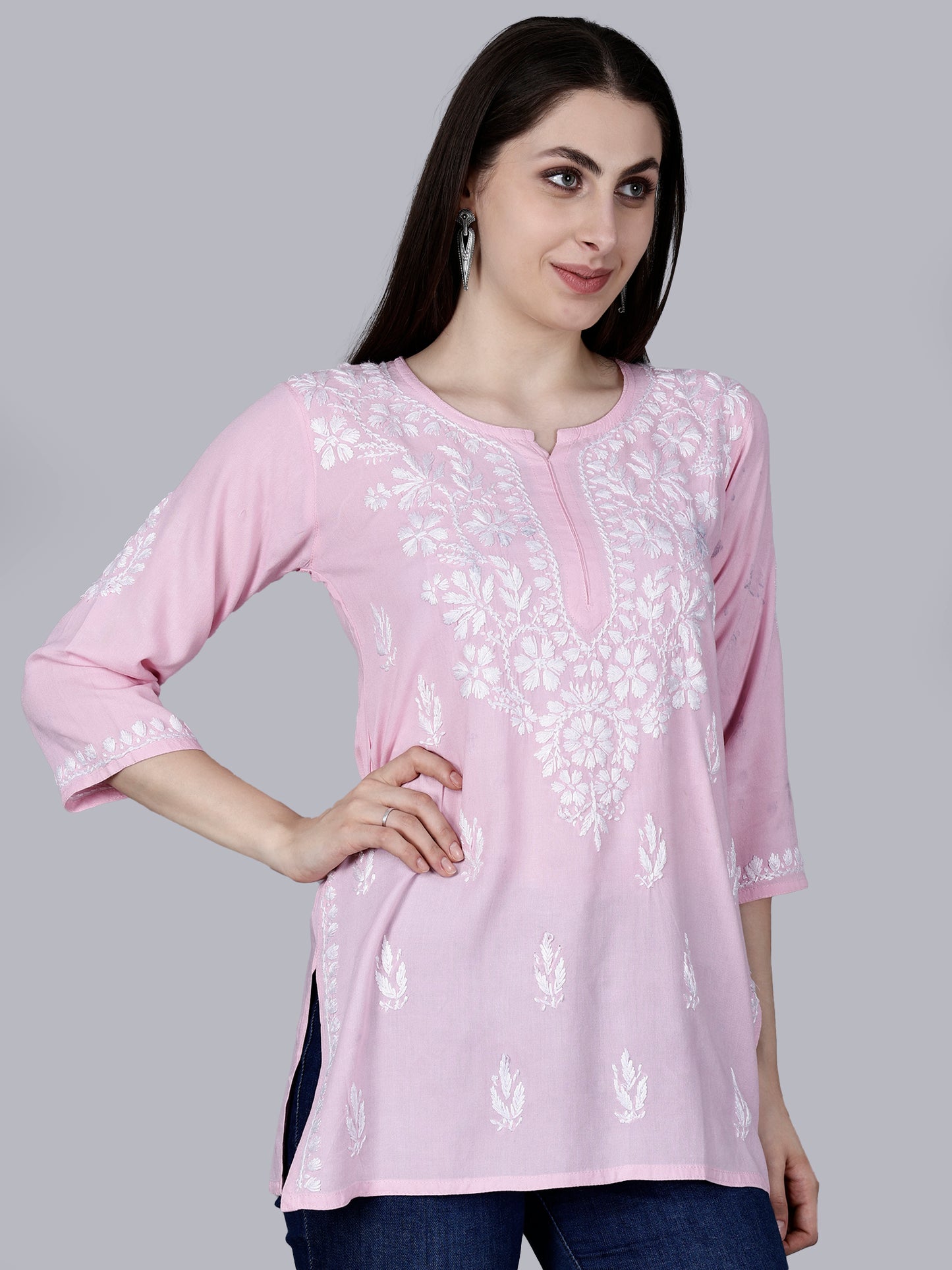 The Chikankari Story: Lucknowi Chikankari Hand Embroidery Cotton Rayon Short Kurti, Kurta, Top, and Tunic Collection in Deep Sea Green, Green Olive, Cool Blue, Black, and Grey