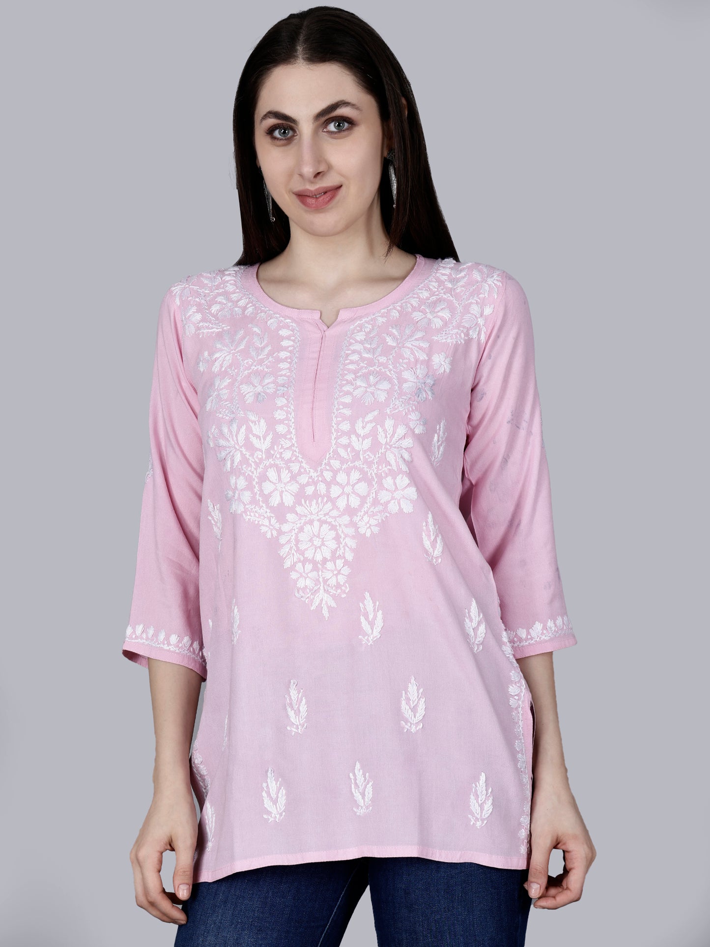 The Chikankari Story: Lucknowi Chikankari Hand Embroidery Cotton Rayon Short Kurti, Kurta, Top, and Tunic Collection in Deep Sea Green, Green Olive, Cool Blue, Black, and Grey