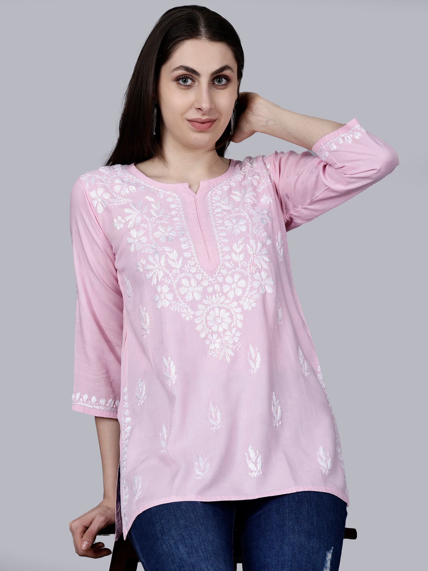 The Chikankari Story: Lucknowi Chikankari Hand Embroidery Cotton Rayon Short Kurti, Kurta, Top, and Tunic Collection in Deep Sea Green, Green Olive, Cool Blue, Black, and Grey