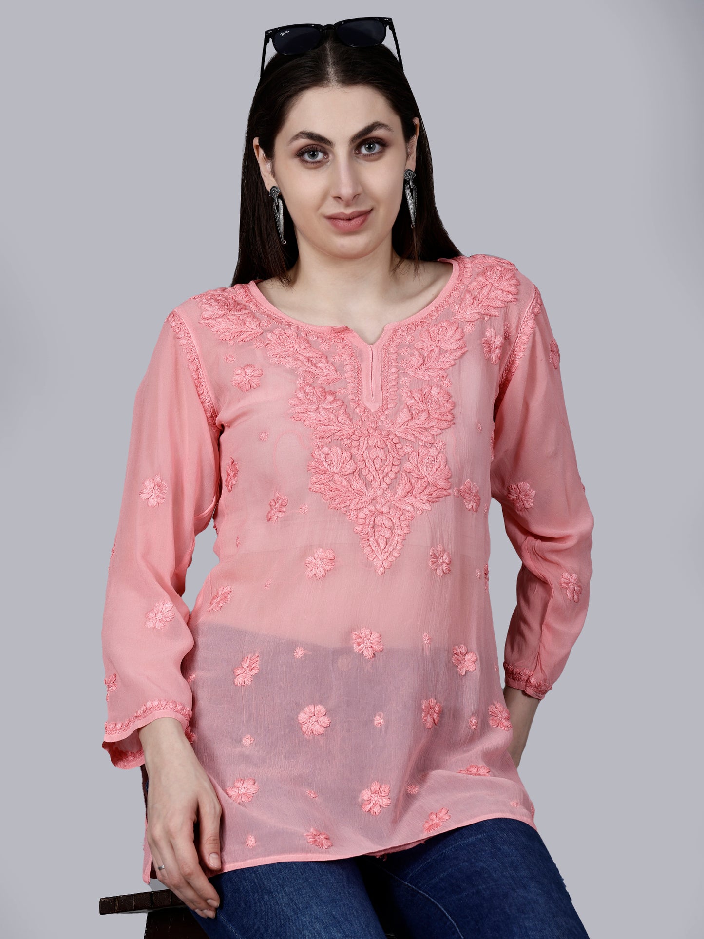 "The Chikankari Story" Chic and Comfortable: 3D Chikankari Hand-Embroidered Short Top & Kurti in Pure Viscose – Available in Black, Purple, Peach, Sea Green, and Lemon Green.