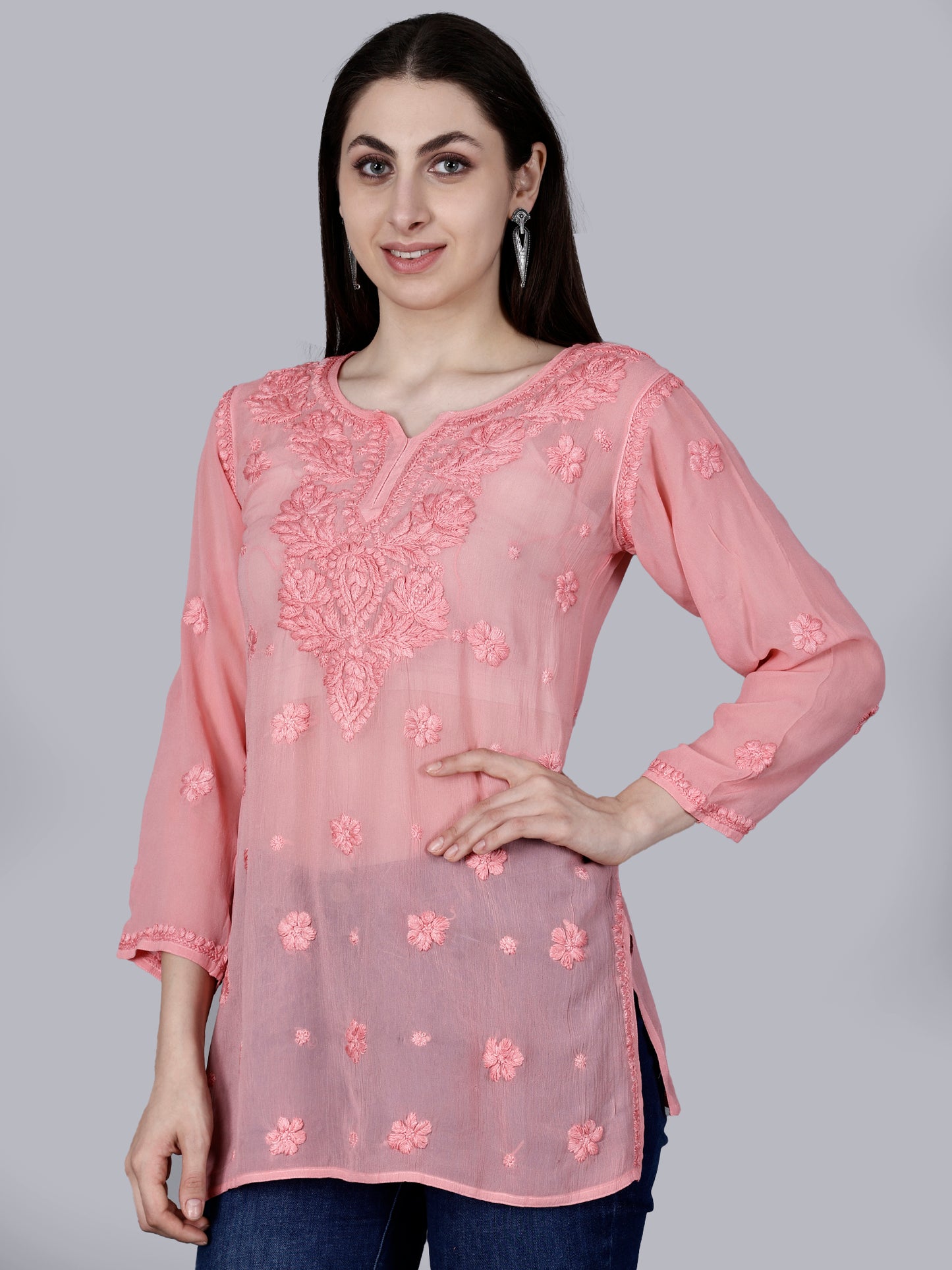 "The Chikankari Story" Chic and Comfortable: 3D Chikankari Hand-Embroidered Short Top & Kurti in Pure Viscose – Available in Black, Purple, Peach, Sea Green, and Lemon Green.
