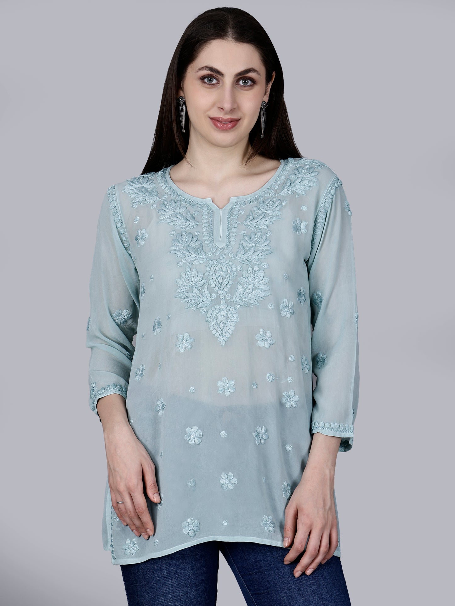"The Chikankari Story" Chic and Comfortable: 3D Chikankari Hand-Embroidered Short Top & Kurti in Pure Viscose – Available in Black, Purple, Peach, Sea Green, and Lemon Green.