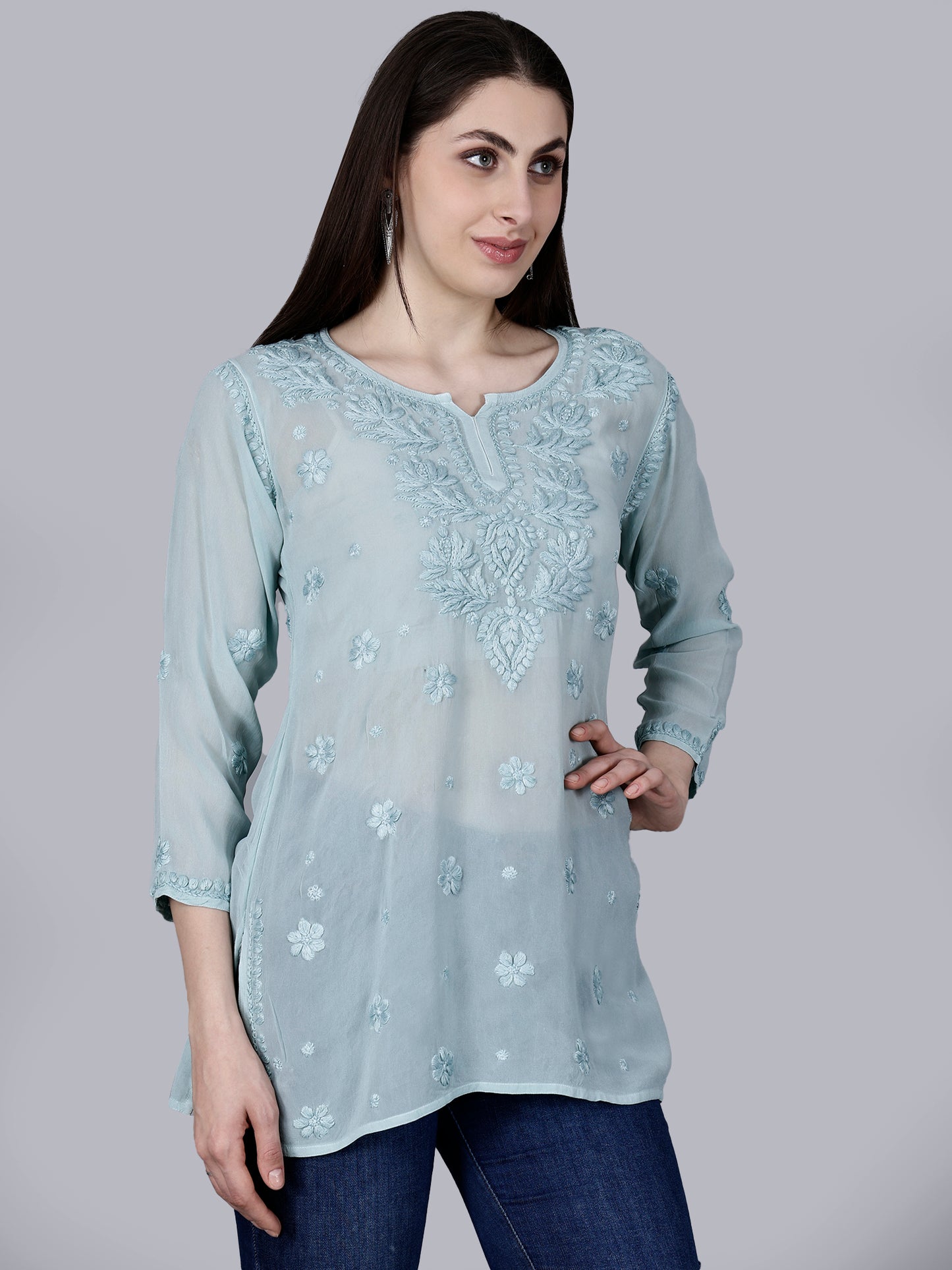 "The Chikankari Story" Chic and Comfortable: 3D Chikankari Hand-Embroidered Short Top & Kurti in Pure Viscose – Available in Black, Purple, Peach, Sea Green, and Lemon Green.