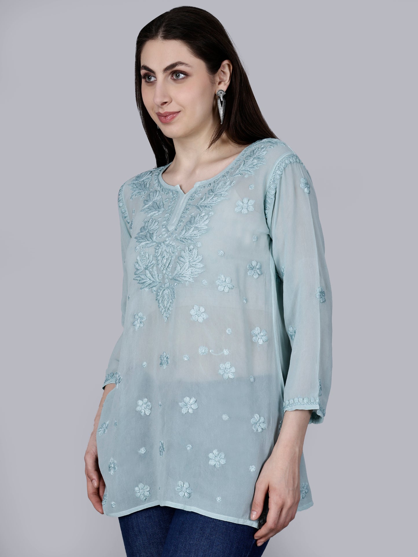 "The Chikankari Story" Chic and Comfortable: 3D Chikankari Hand-Embroidered Short Top & Kurti in Pure Viscose – Available in Black, Purple, Peach, Sea Green, and Lemon Green.