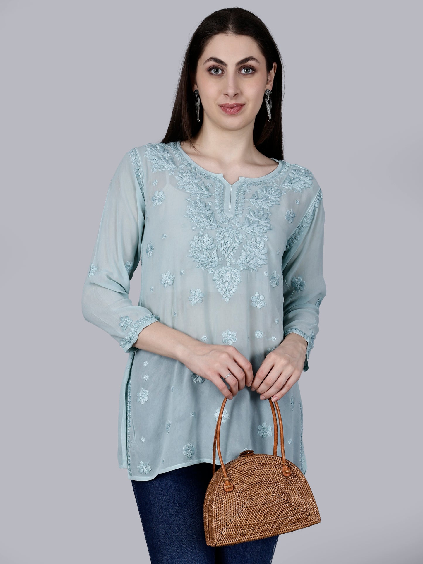 "The Chikankari Story" Chic and Comfortable: 3D Chikankari Hand-Embroidered Short Top & Kurti in Pure Viscose – Available in Black, Purple, Peach, Sea Green, and Lemon Green.
