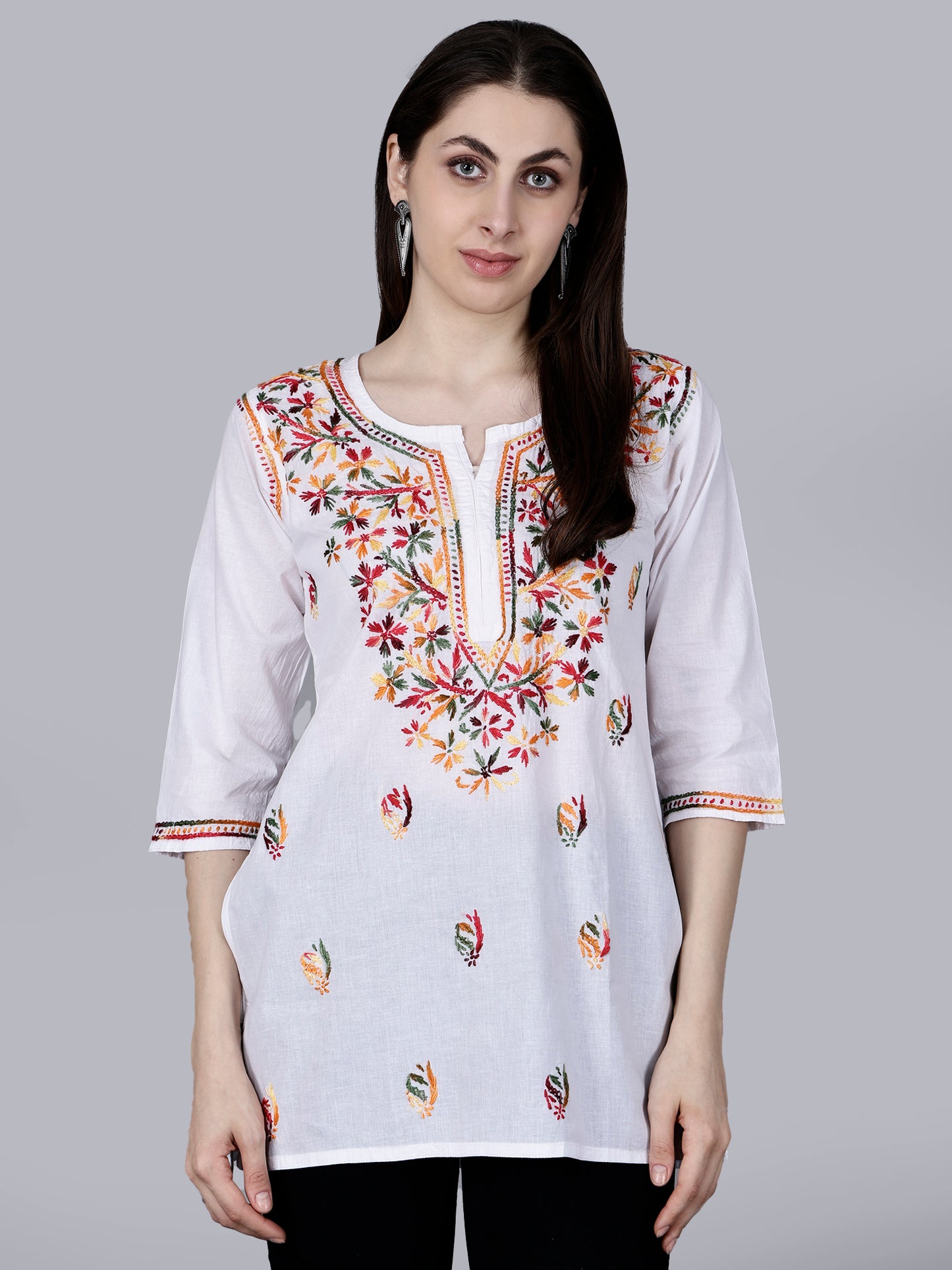 Authentic Lucknowi Chikankari Hand-Embroidered Short Kurta in Pure Cotton.