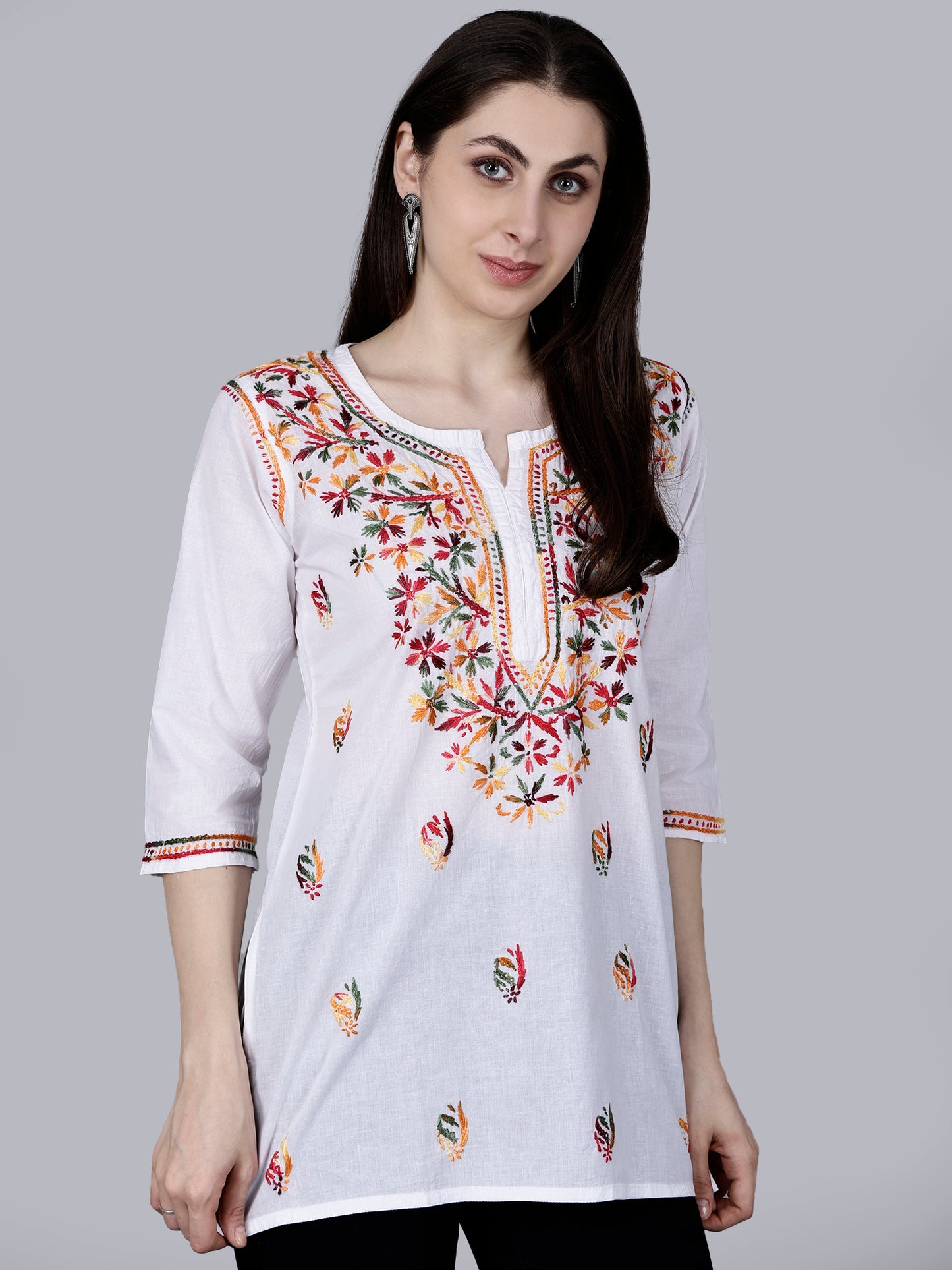 Authentic Lucknowi Chikankari Hand-Embroidered Short Kurta in Pure Cotton.