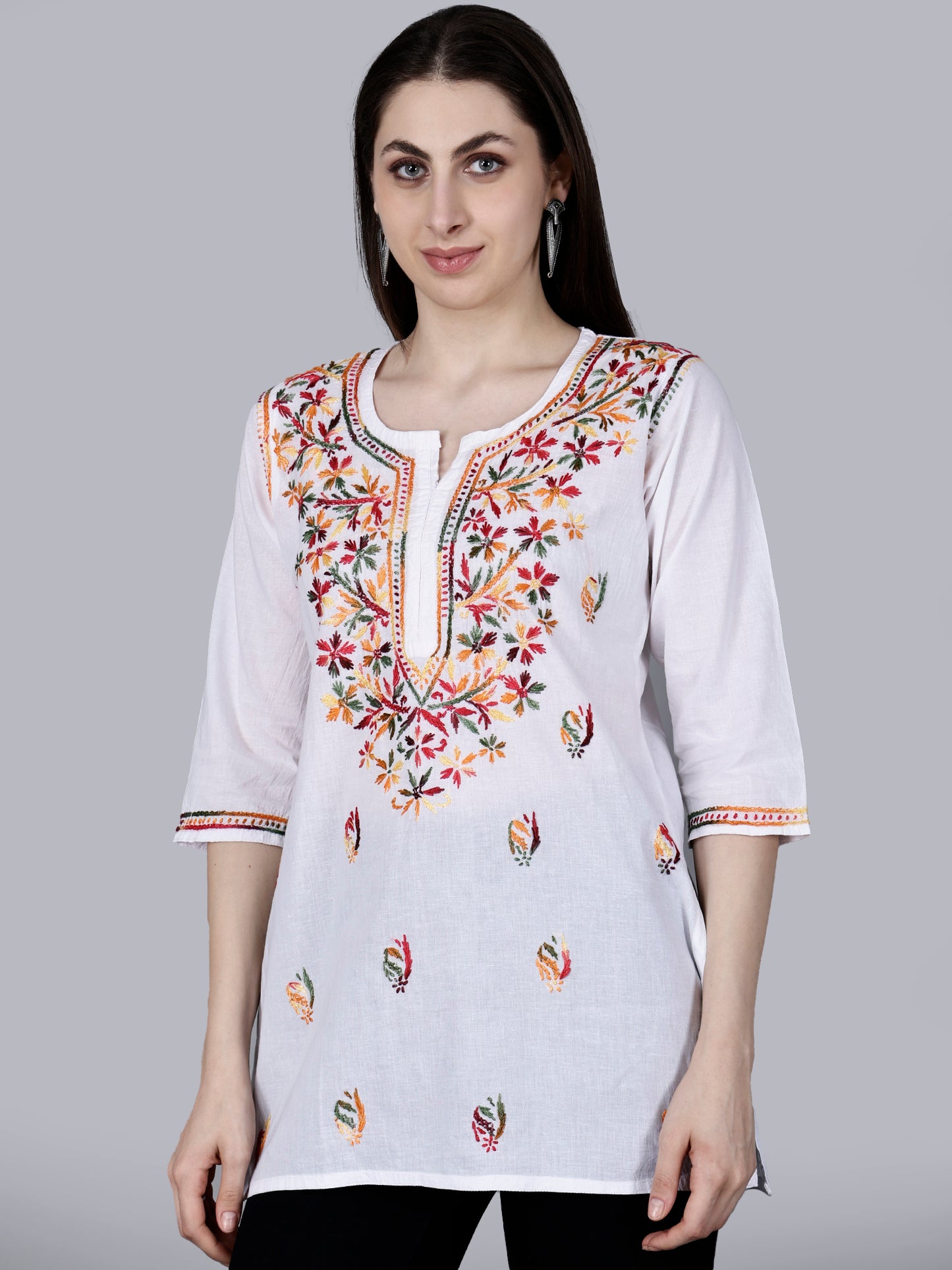 Authentic Lucknowi Chikankari Hand-Embroidered Short Kurta in Pure Cotton.