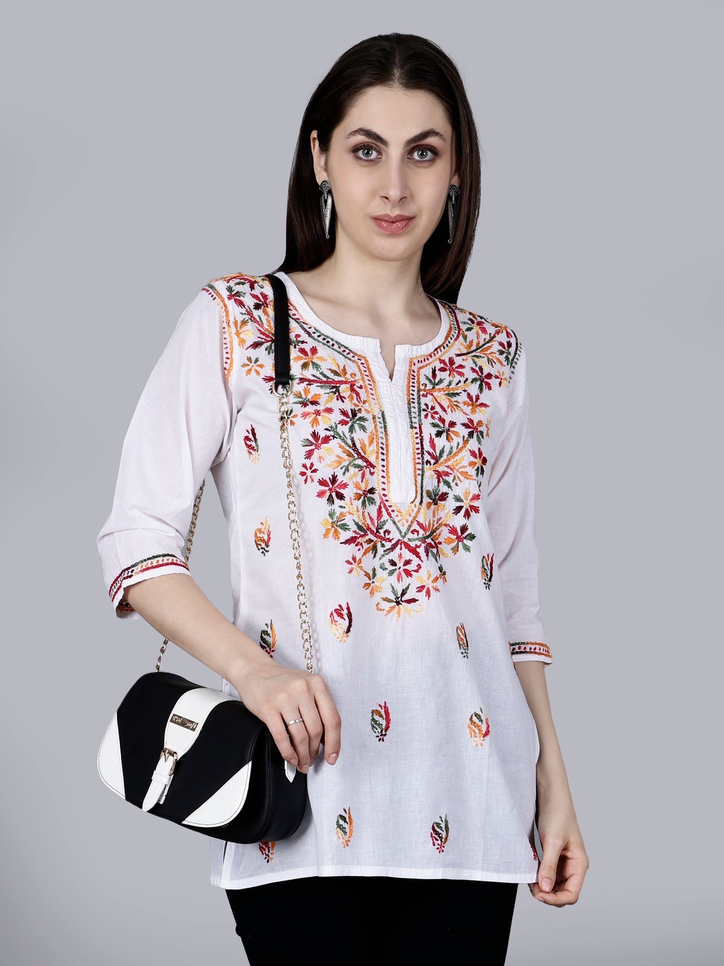 Authentic Lucknowi Chikankari Hand-Embroidered Short Kurta in Pure Cotton.