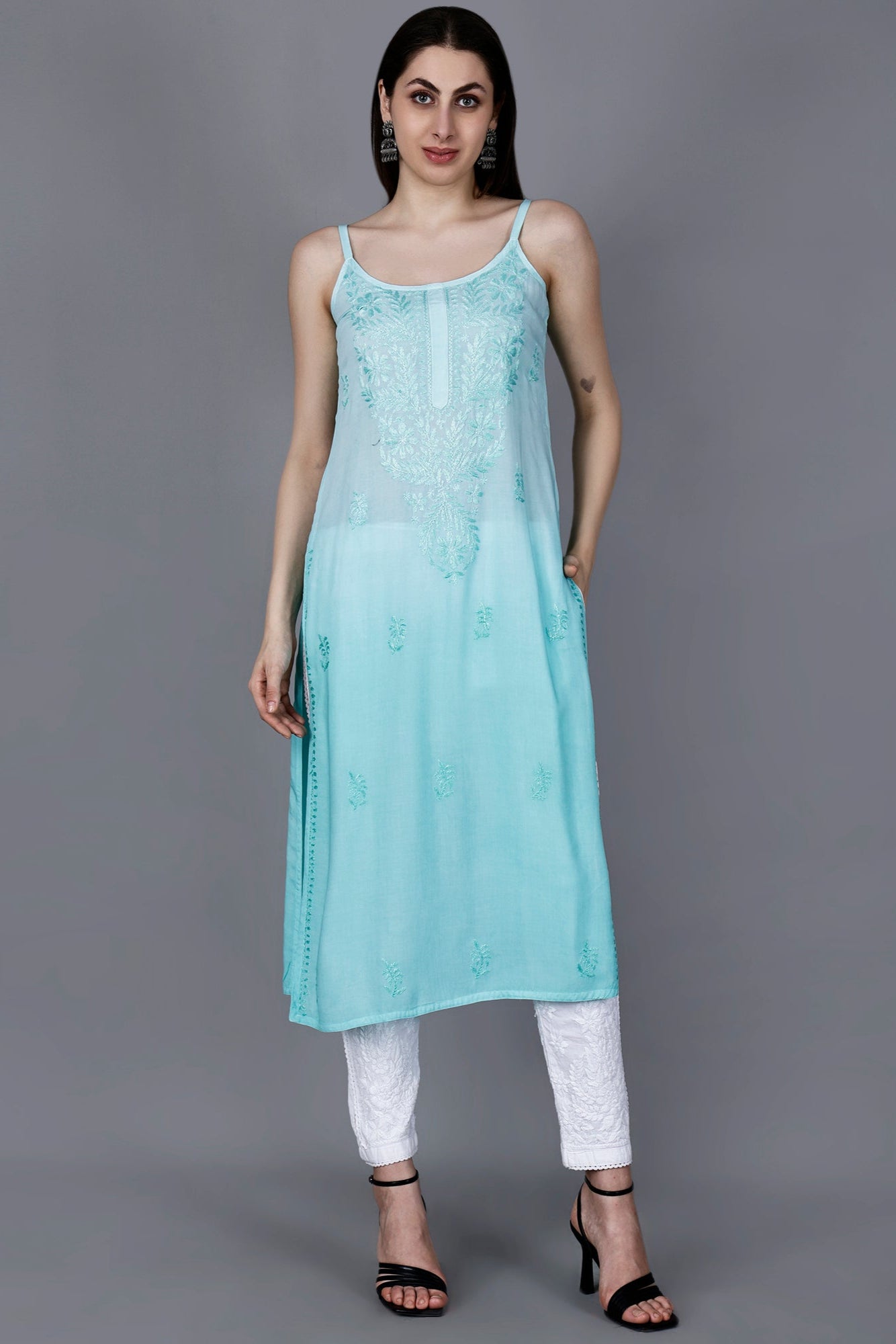 The Chikankari Story: Elegant Noodle Strap Kurti with Intricate Hand Embroidery in Pure Modal Fabric – Ombre Shades for a Modern Twist