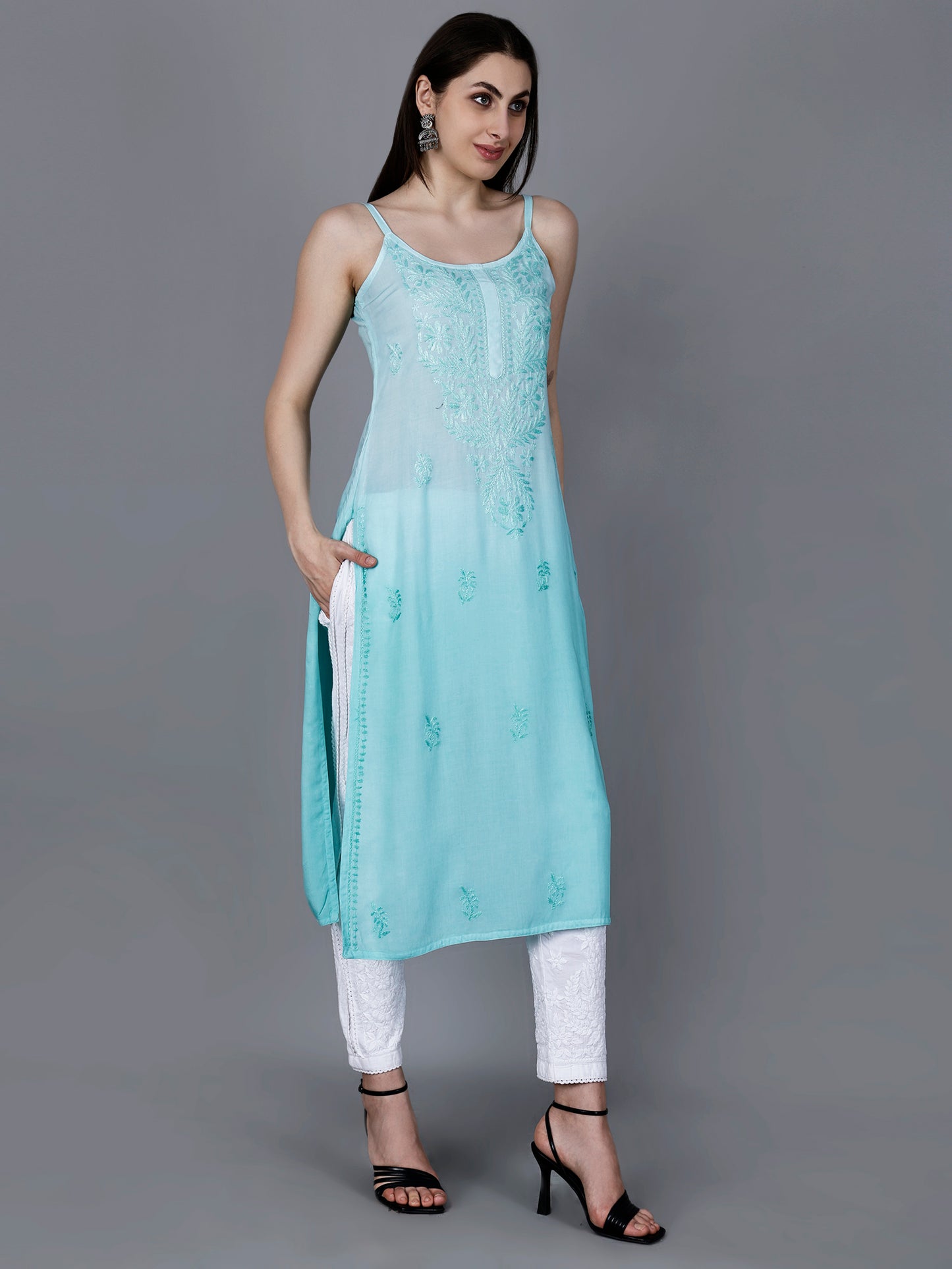 The Chikankari Story: Elegant Noodle Strap Kurti with Intricate Hand Embroidery in Pure Modal Fabric – Ombre Shades for a Modern Twist