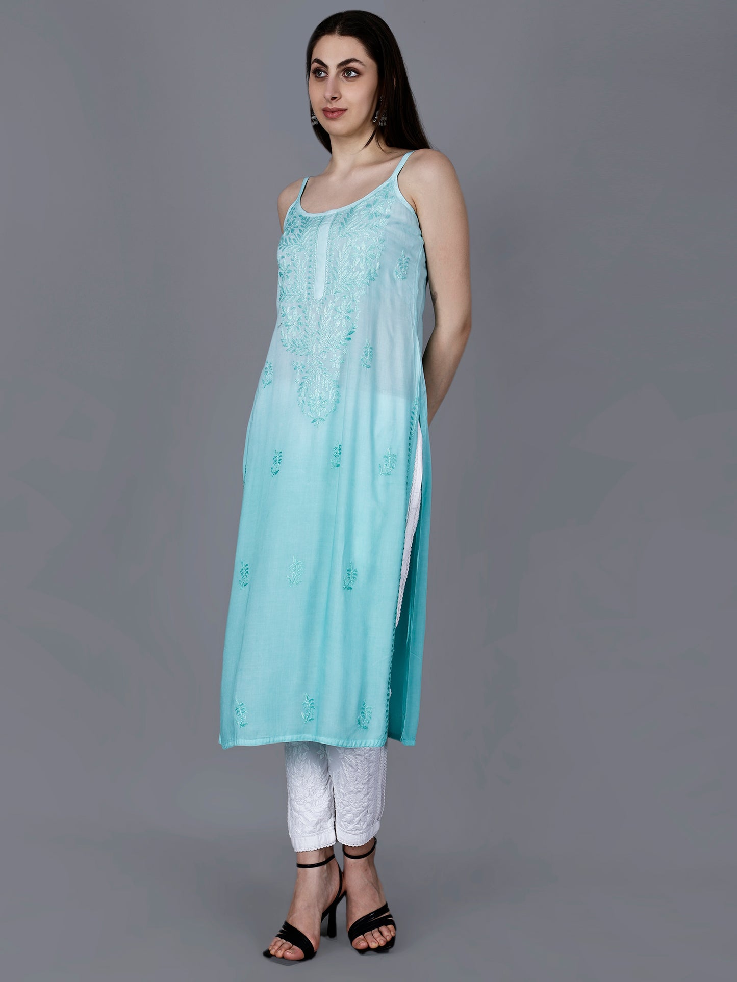 The Chikankari Story: Elegant Noodle Strap Kurti with Intricate Hand Embroidery in Pure Modal Fabric – Ombre Shades for a Modern Twist