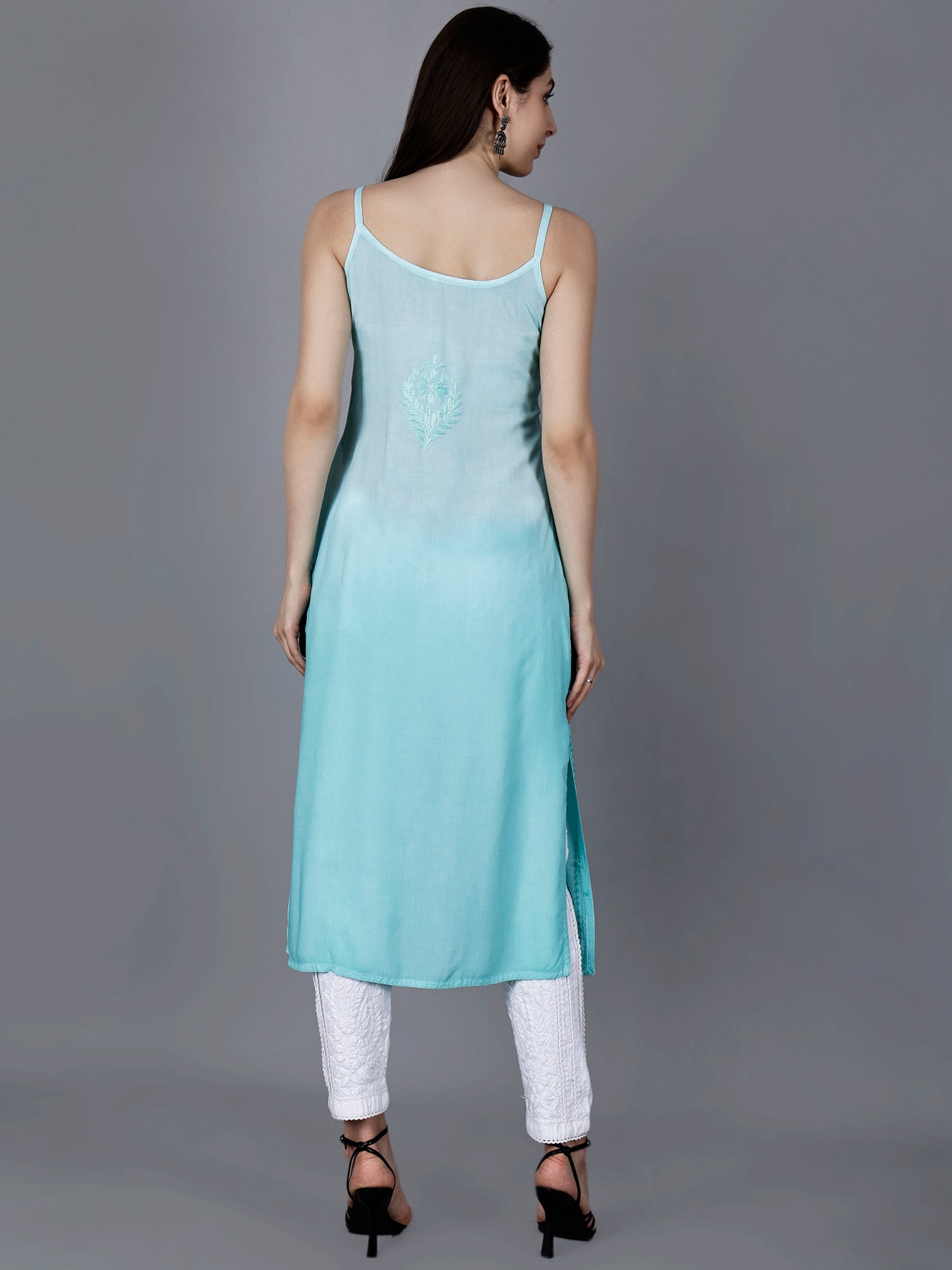 The Chikankari Story: Elegant Noodle Strap Kurti with Intricate Hand Embroidery in Pure Modal Fabric – Ombre Shades for a Modern Twist