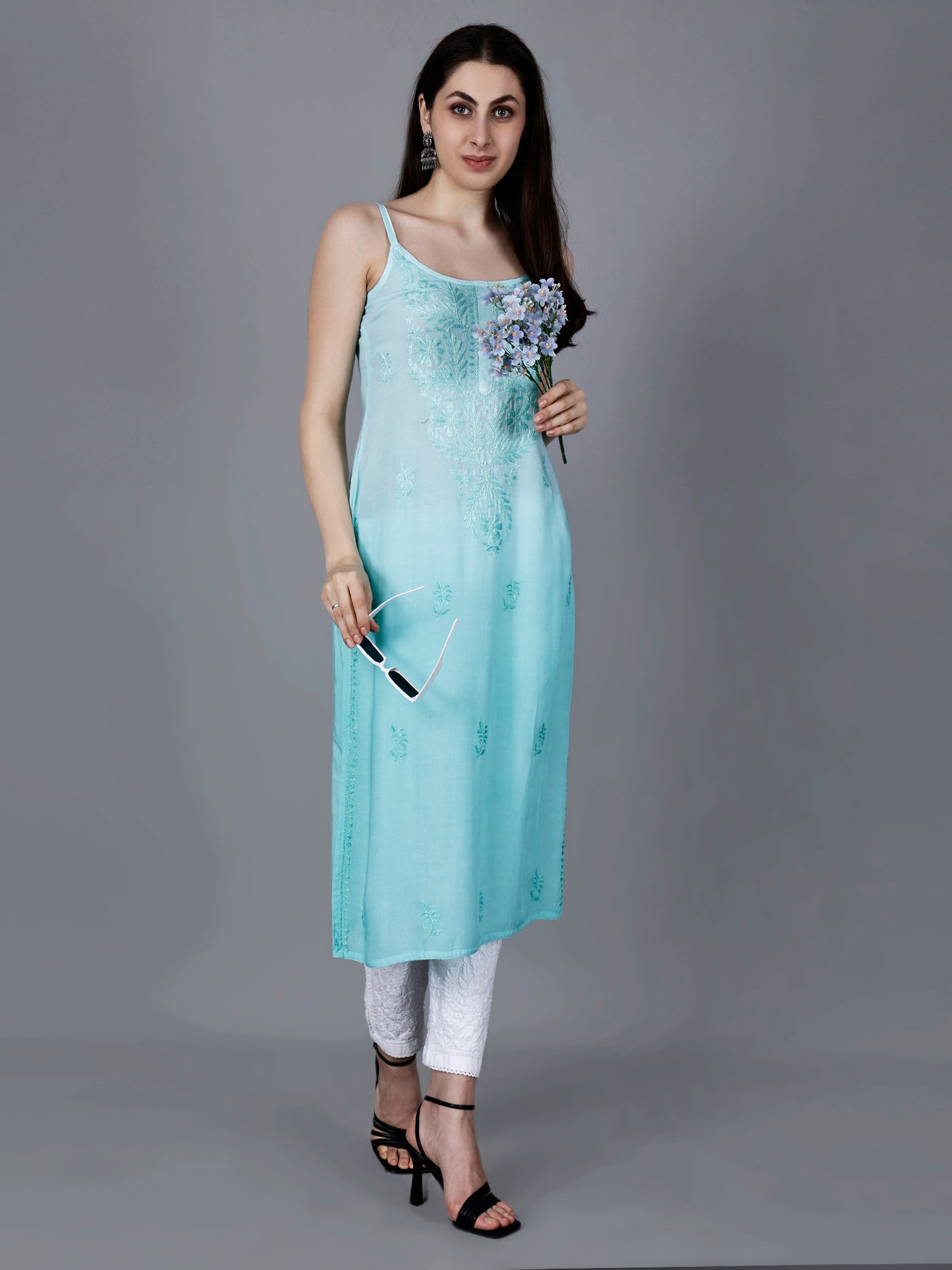 The Chikankari Story: Elegant Noodle Strap Kurti with Intricate Hand Embroidery in Pure Modal Fabric – Ombre Shades for a Modern Twist