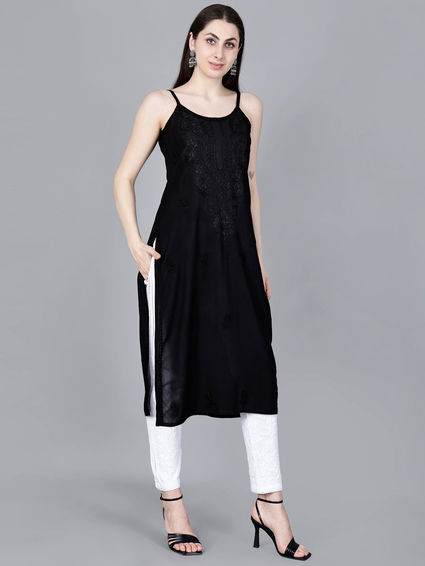 The Chikankari Story: Elegant Noodle Strap Kurti with Intricate Hand Embroidery in Pure Modal Fabric – Ombre Shades for a Modern Twist