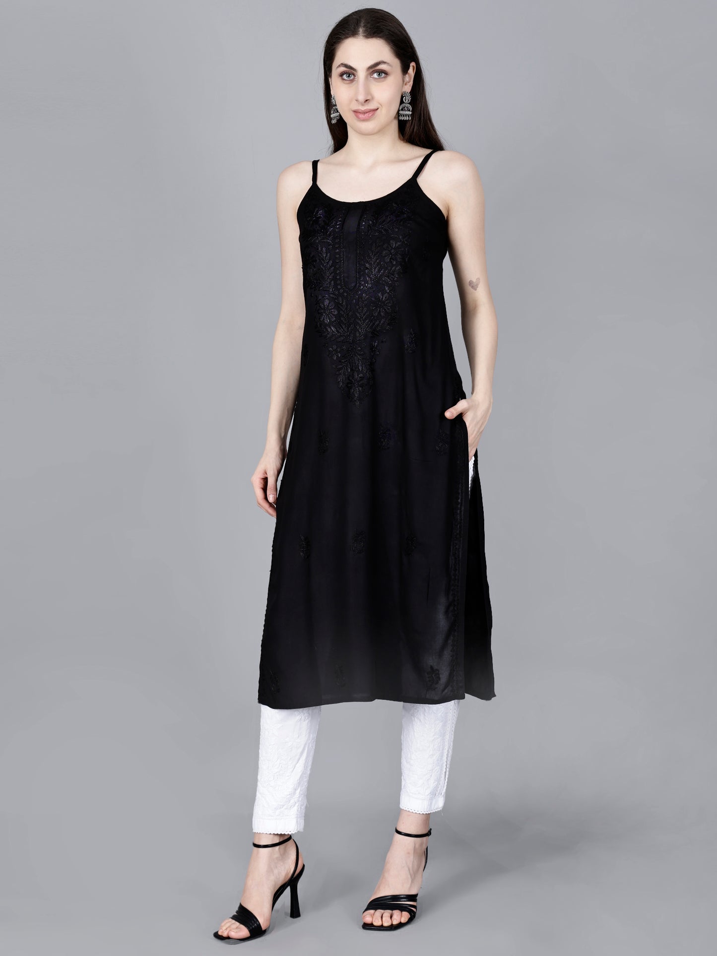 The Chikankari Story: Elegant Noodle Strap Kurti with Intricate Hand Embroidery in Pure Modal Fabric – Ombre Shades for a Modern Twist