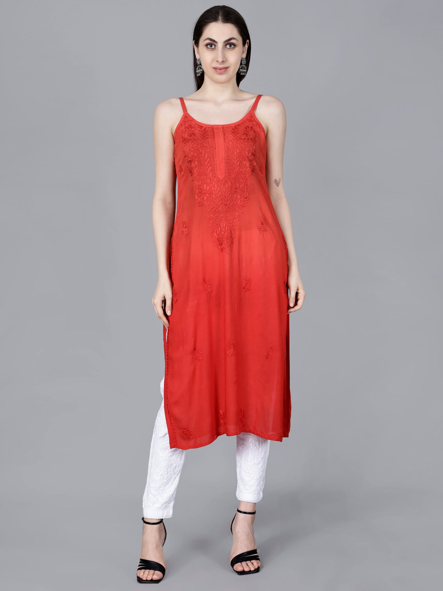The Chikankari Story: Elegant Noodle Strap Kurti with Intricate Hand Embroidery in Pure Modal Fabric – Ombre Shades for a Modern Twist