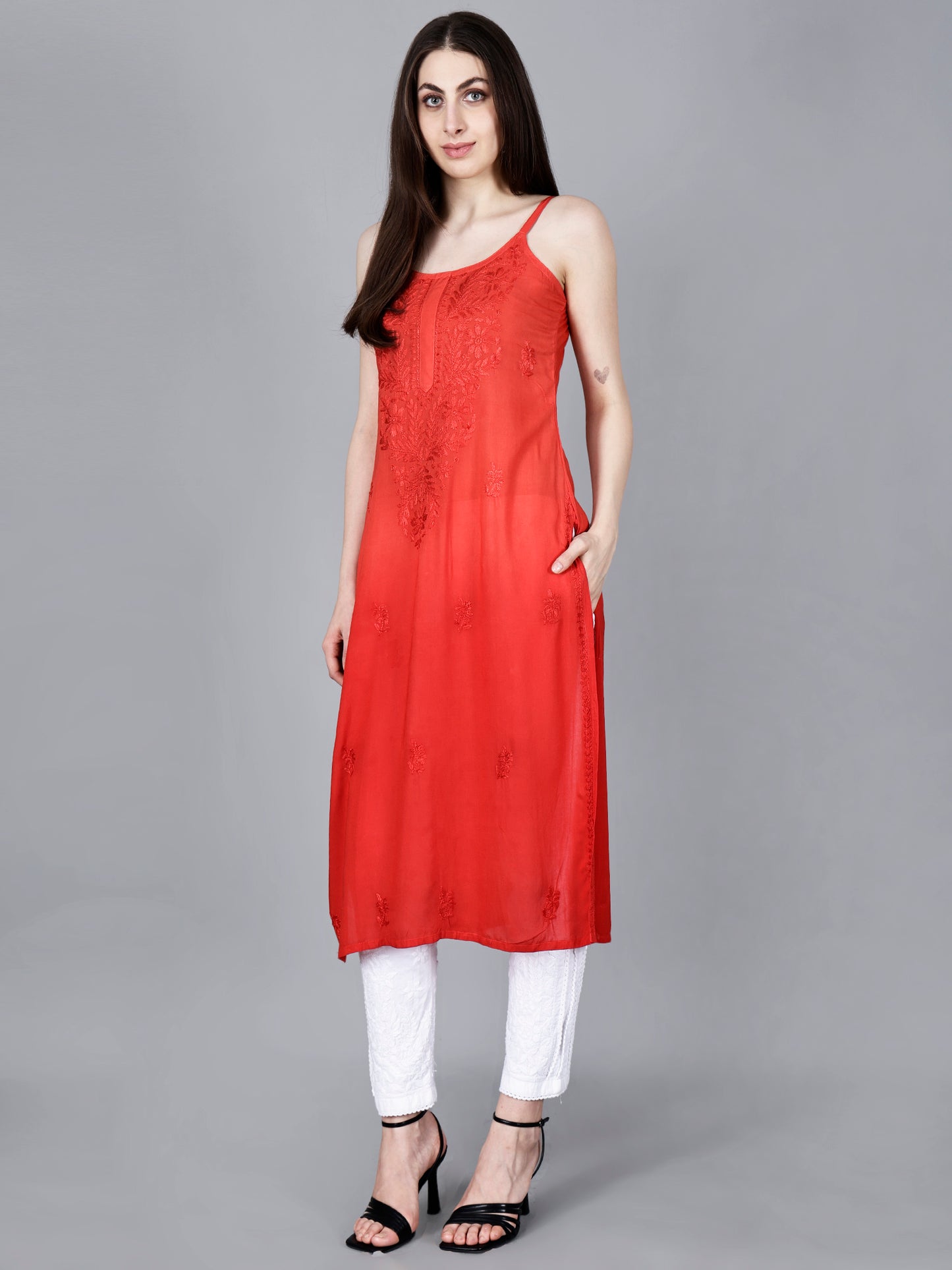 The Chikankari Story: Elegant Noodle Strap Kurti with Intricate Hand Embroidery in Pure Modal Fabric – Ombre Shades for a Modern Twist