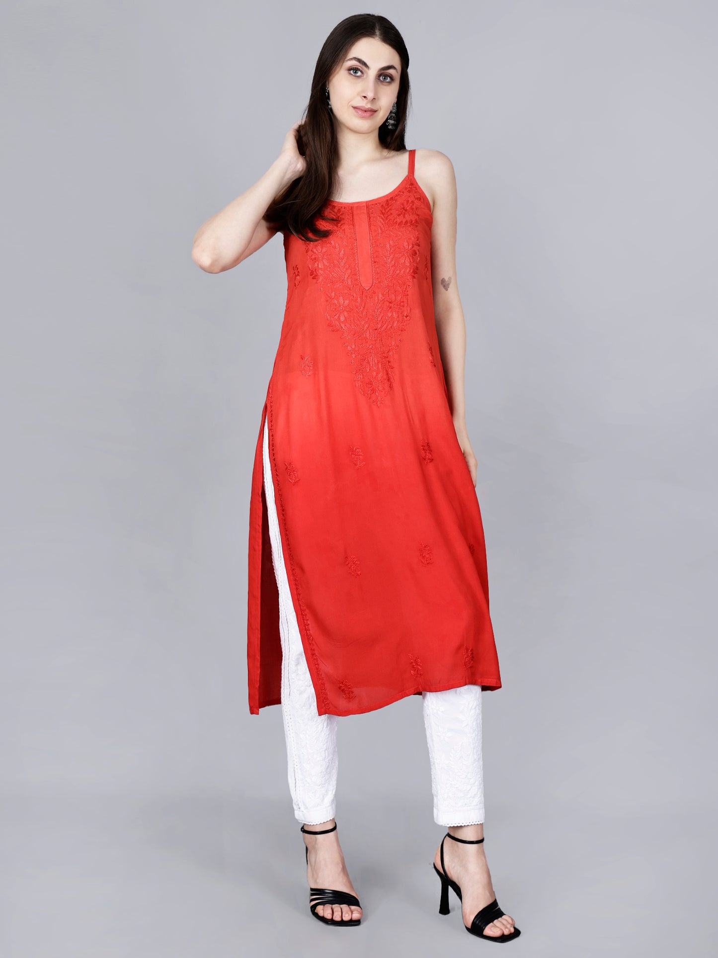 The Chikankari Story: Elegant Noodle Strap Kurti with Intricate Hand Embroidery in Pure Modal Fabric – Ombre Shades for a Modern Twist