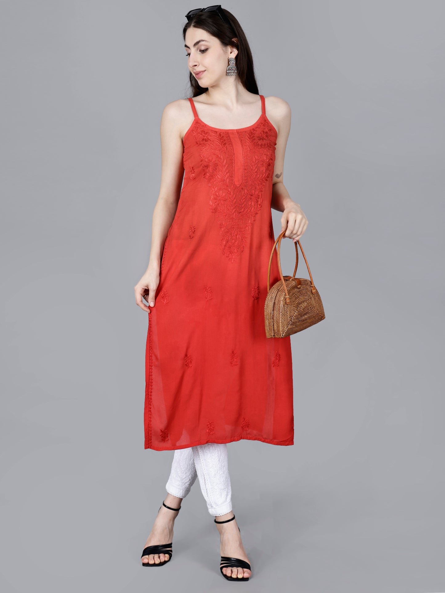 The Chikankari Story: Elegant Noodle Strap Kurti with Intricate Hand Embroidery in Pure Modal Fabric – Ombre Shades for a Modern Twist