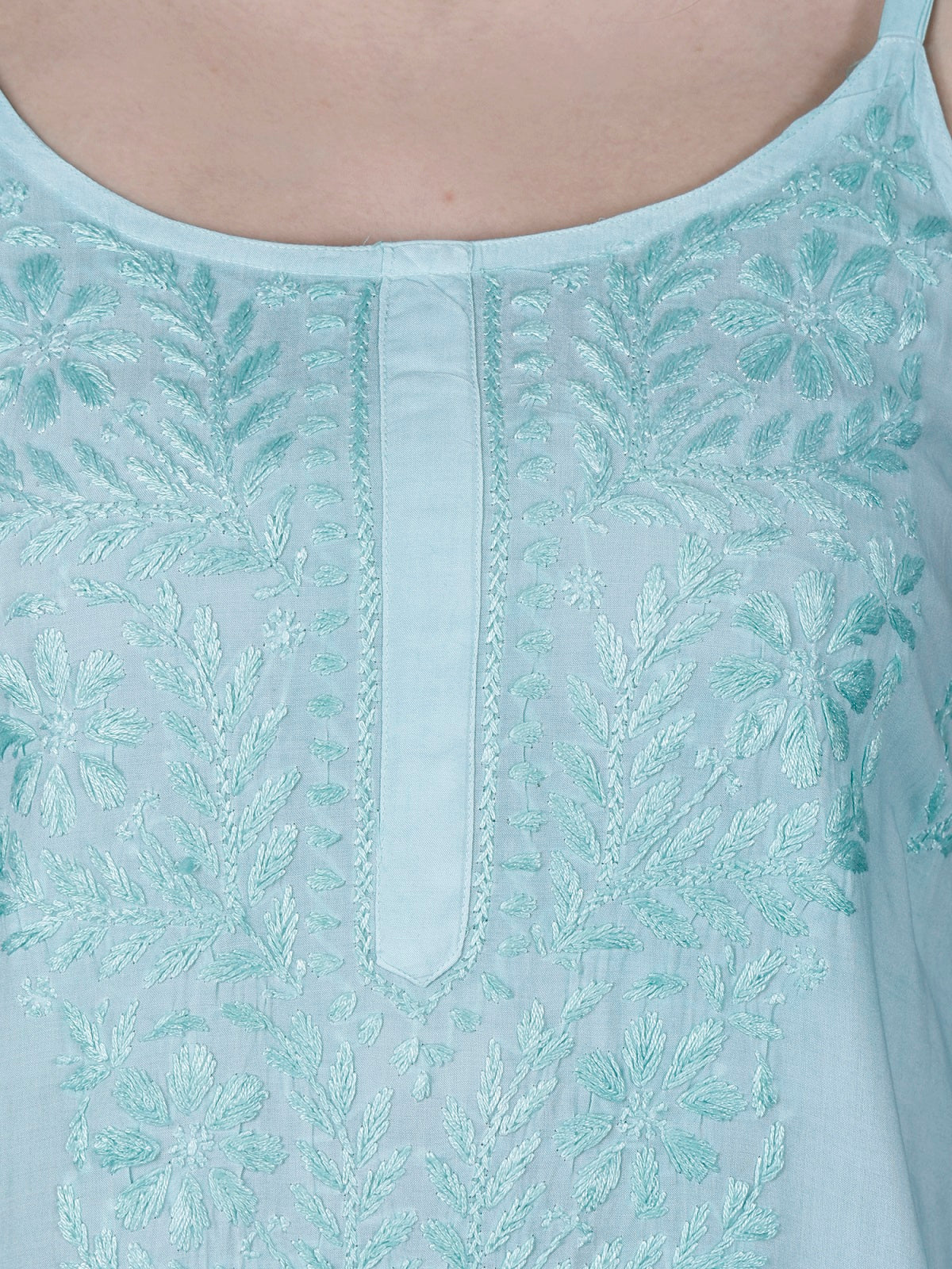 The Chikankari Story: Elegant Noodle Strap Kurti with Intricate Hand Embroidery in Pure Modal Fabric – Ombre Shades for a Modern Twist
