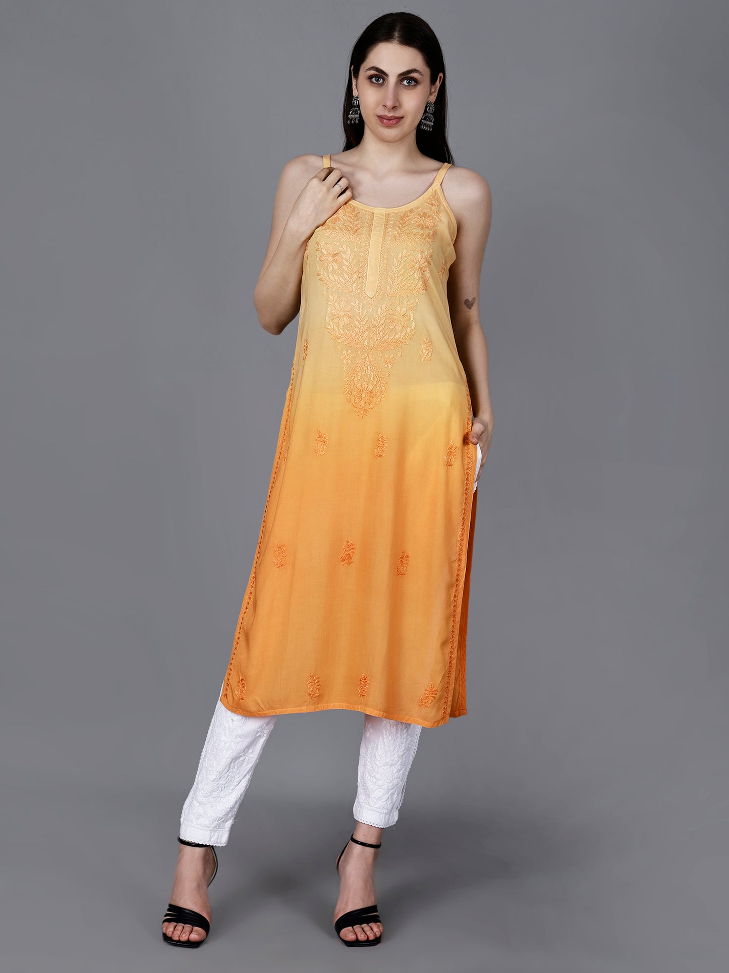 The Chikankari Story: Elegant Noodle Strap Kurti with Intricate Hand Embroidery in Pure Modal Fabric – Ombre Shades for a Modern Twist
