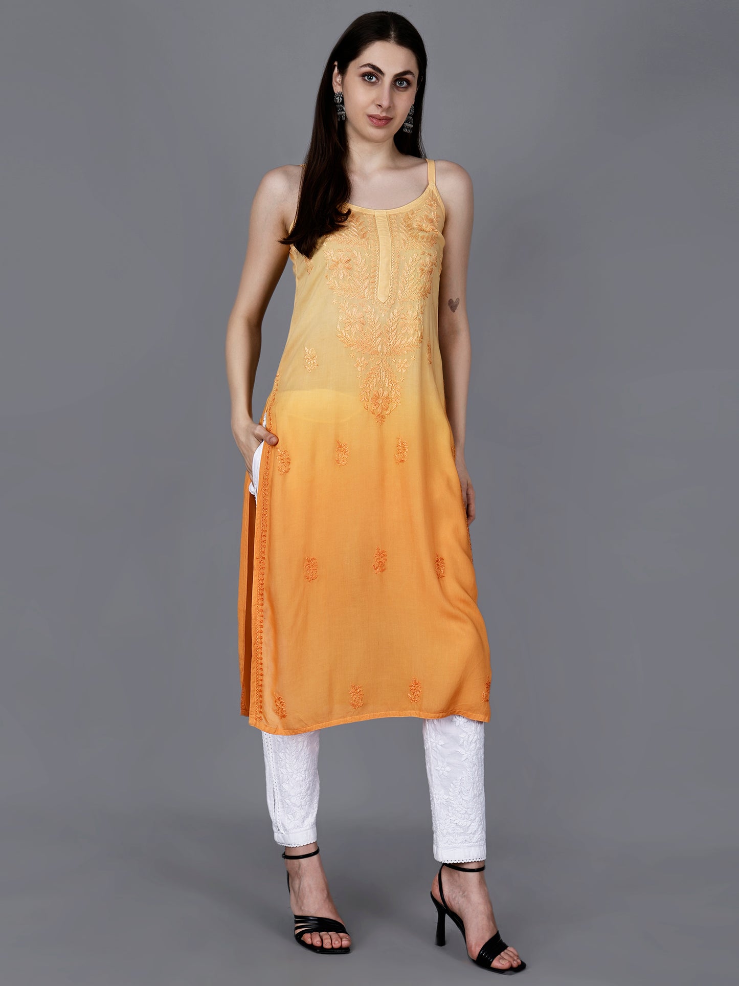 The Chikankari Story: Elegant Noodle Strap Kurti with Intricate Hand Embroidery in Pure Modal Fabric – Ombre Shades for a Modern Twist