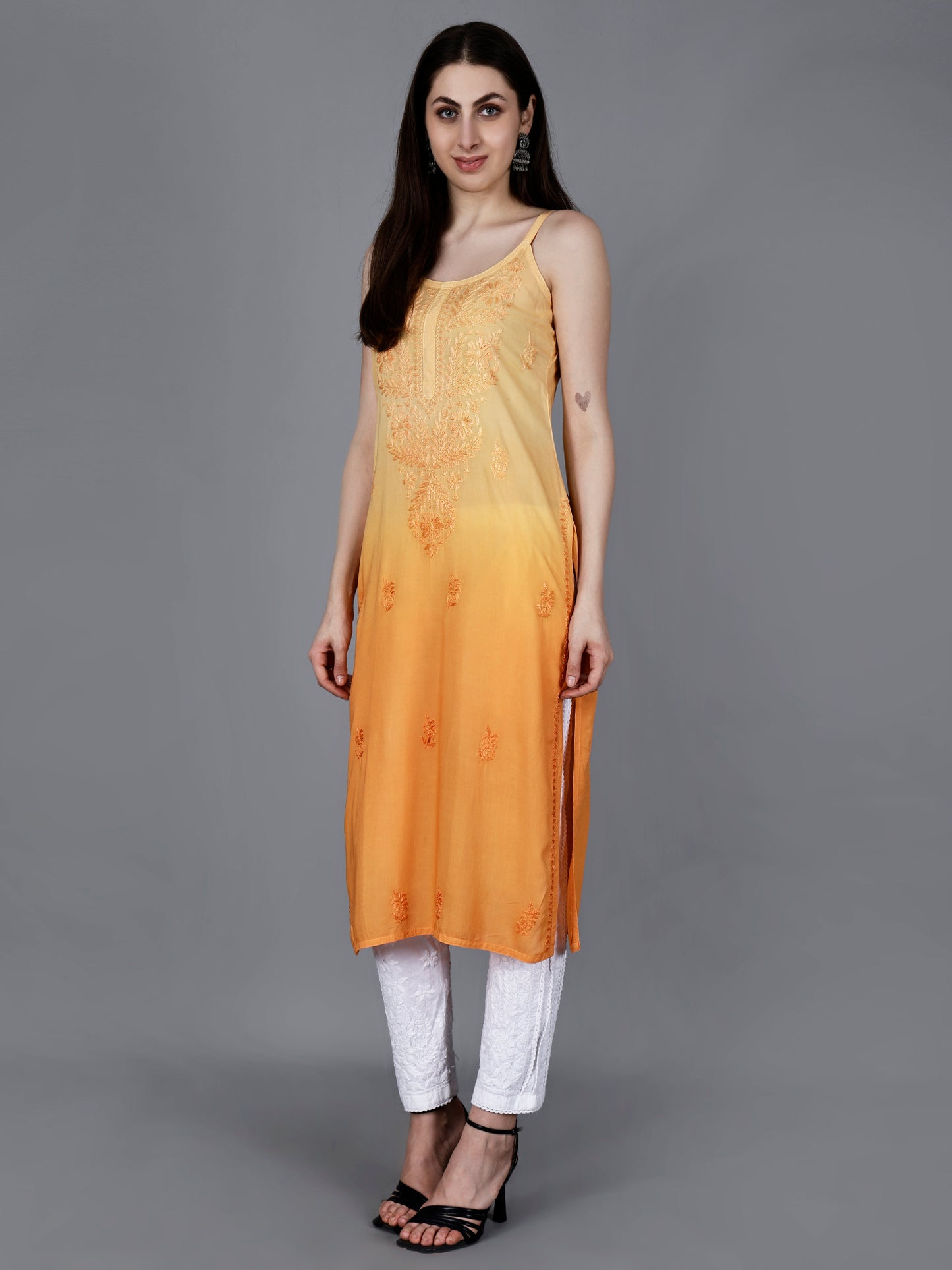 The Chikankari Story: Elegant Noodle Strap Kurti with Intricate Hand Embroidery in Pure Modal Fabric – Ombre Shades for a Modern Twist