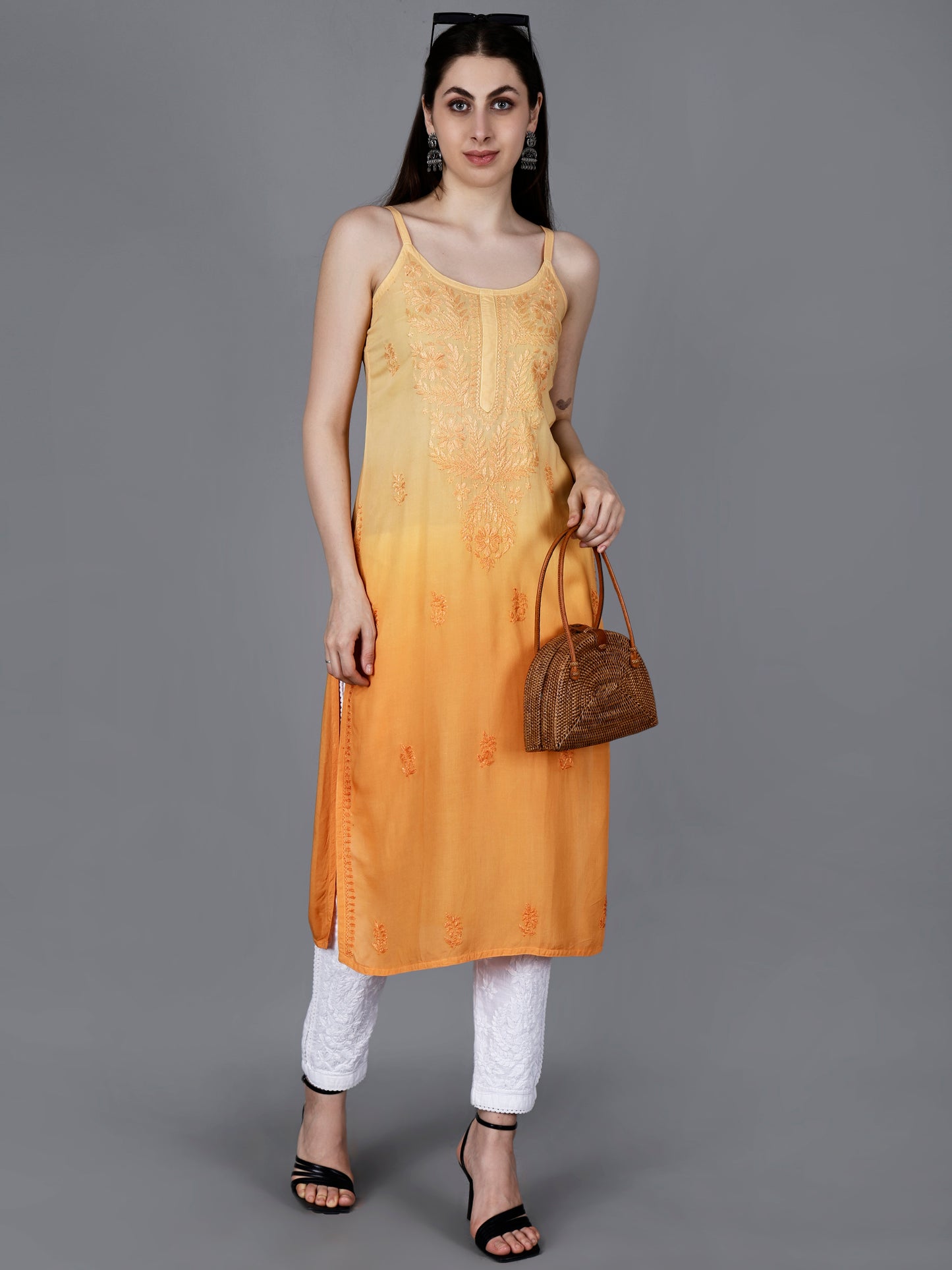 The Chikankari Story: Elegant Noodle Strap Kurti with Intricate Hand Embroidery in Pure Modal Fabric – Ombre Shades for a Modern Twist