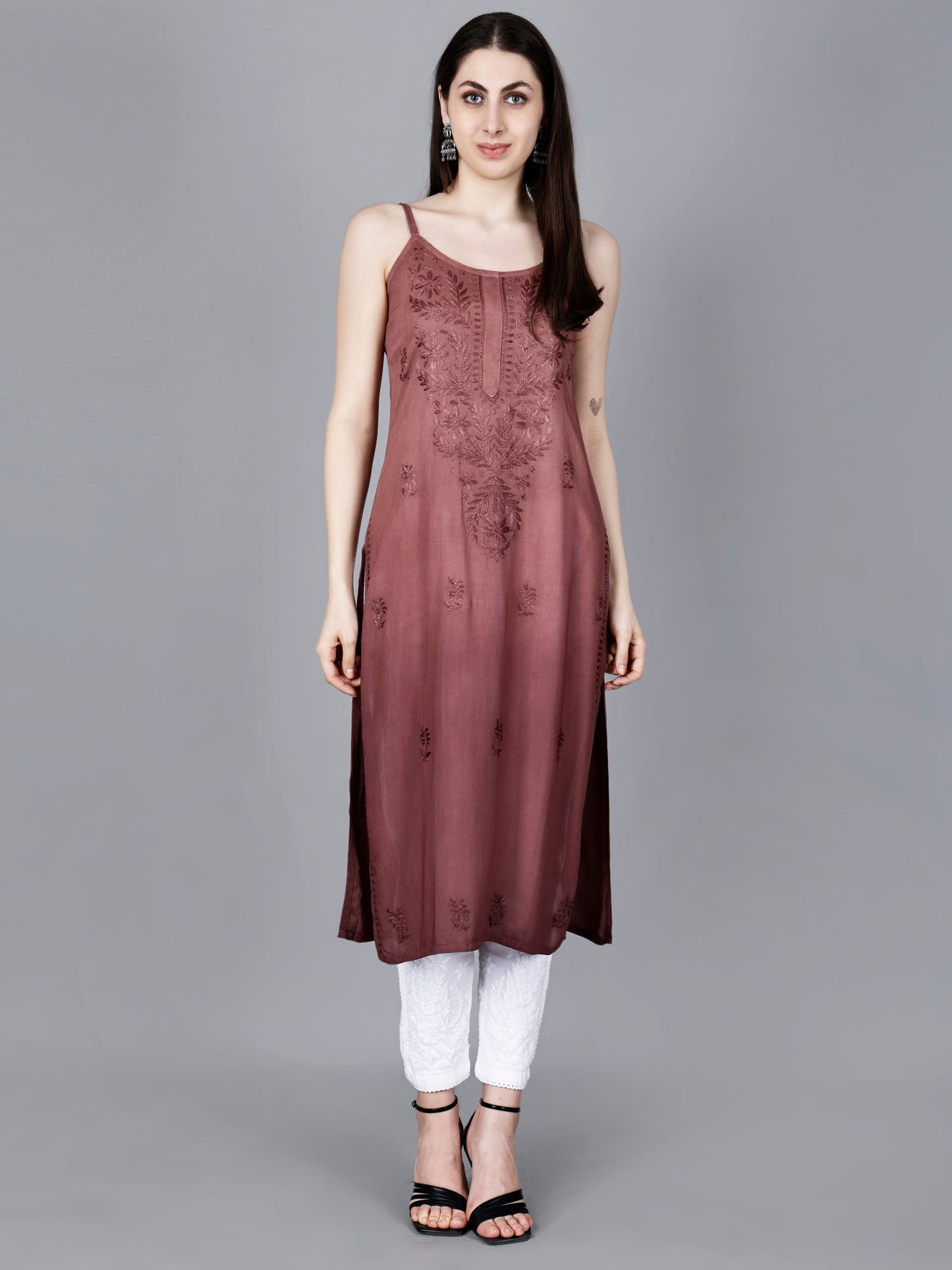 The Chikankari Story: Elegant Noodle Strap Kurti with Intricate Hand Embroidery in Pure Modal Fabric – Ombre Shades for a Modern Twist