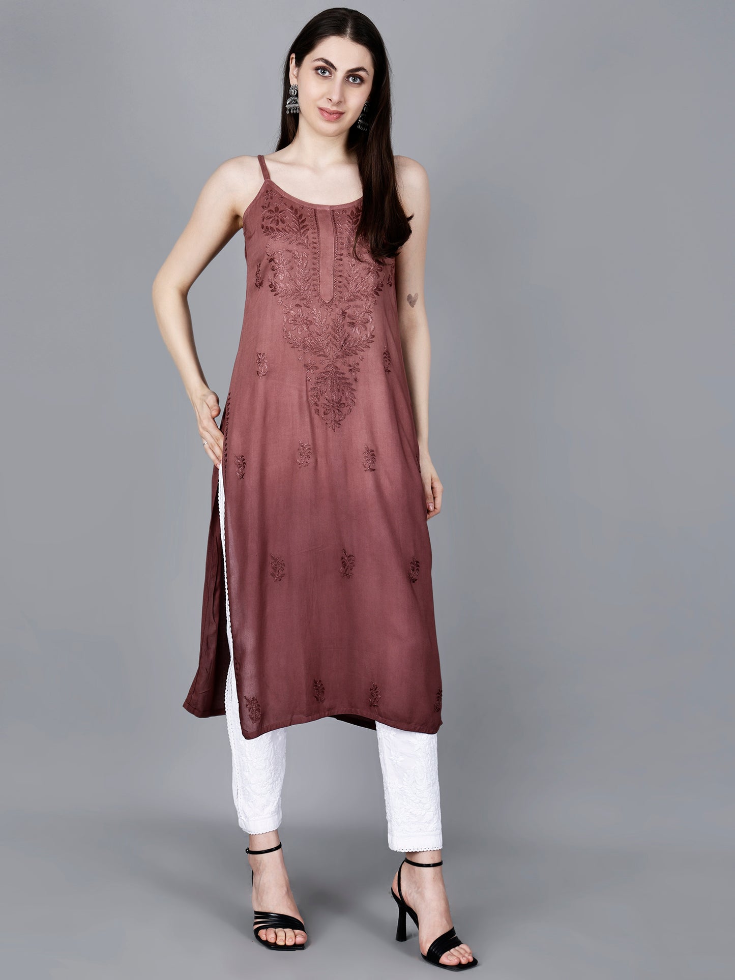 The Chikankari Story: Elegant Noodle Strap Kurti with Intricate Hand Embroidery in Pure Modal Fabric – Ombre Shades for a Modern Twist