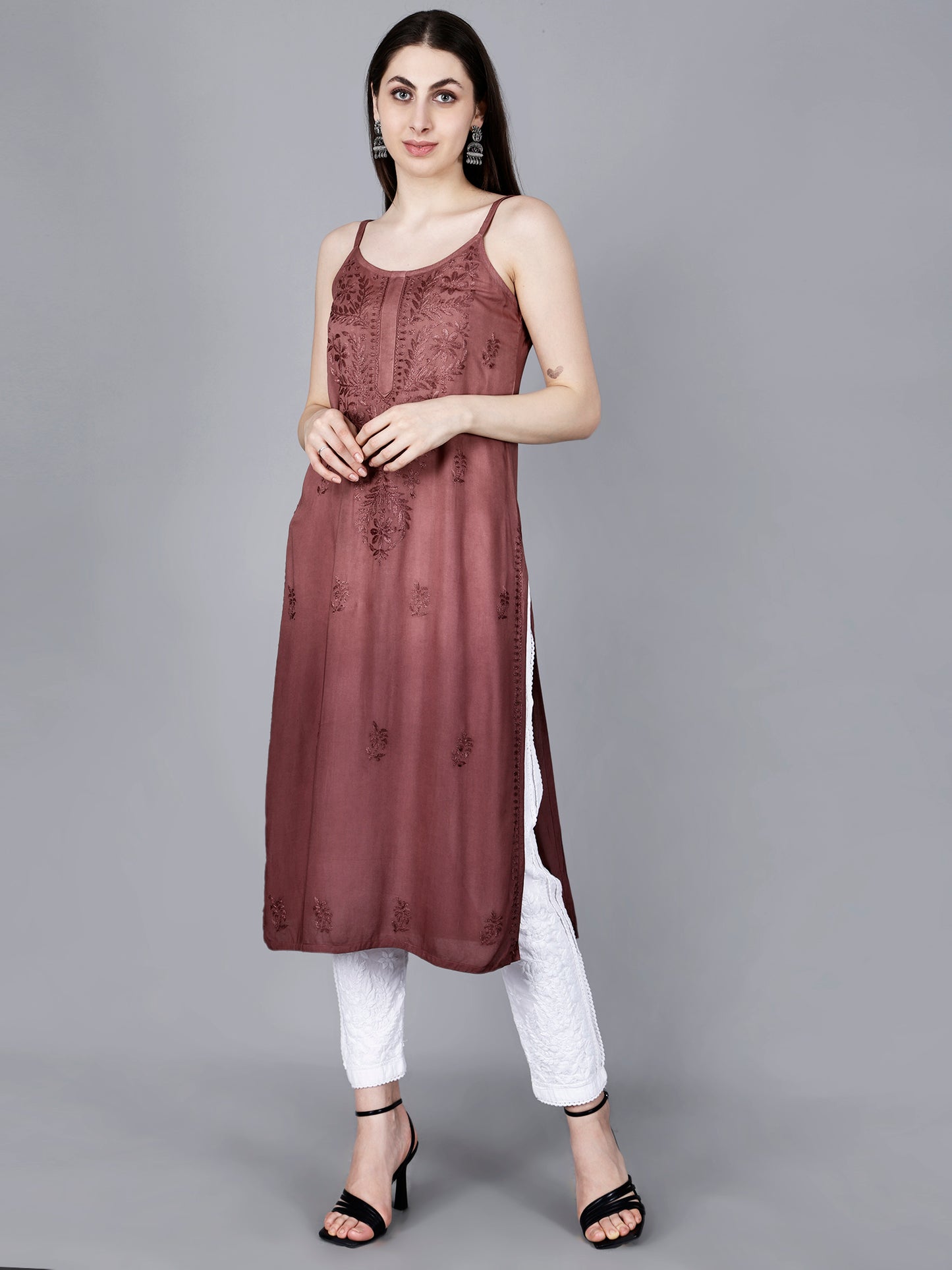 The Chikankari Story: Elegant Noodle Strap Kurti with Intricate Hand Embroidery in Pure Modal Fabric – Ombre Shades for a Modern Twist