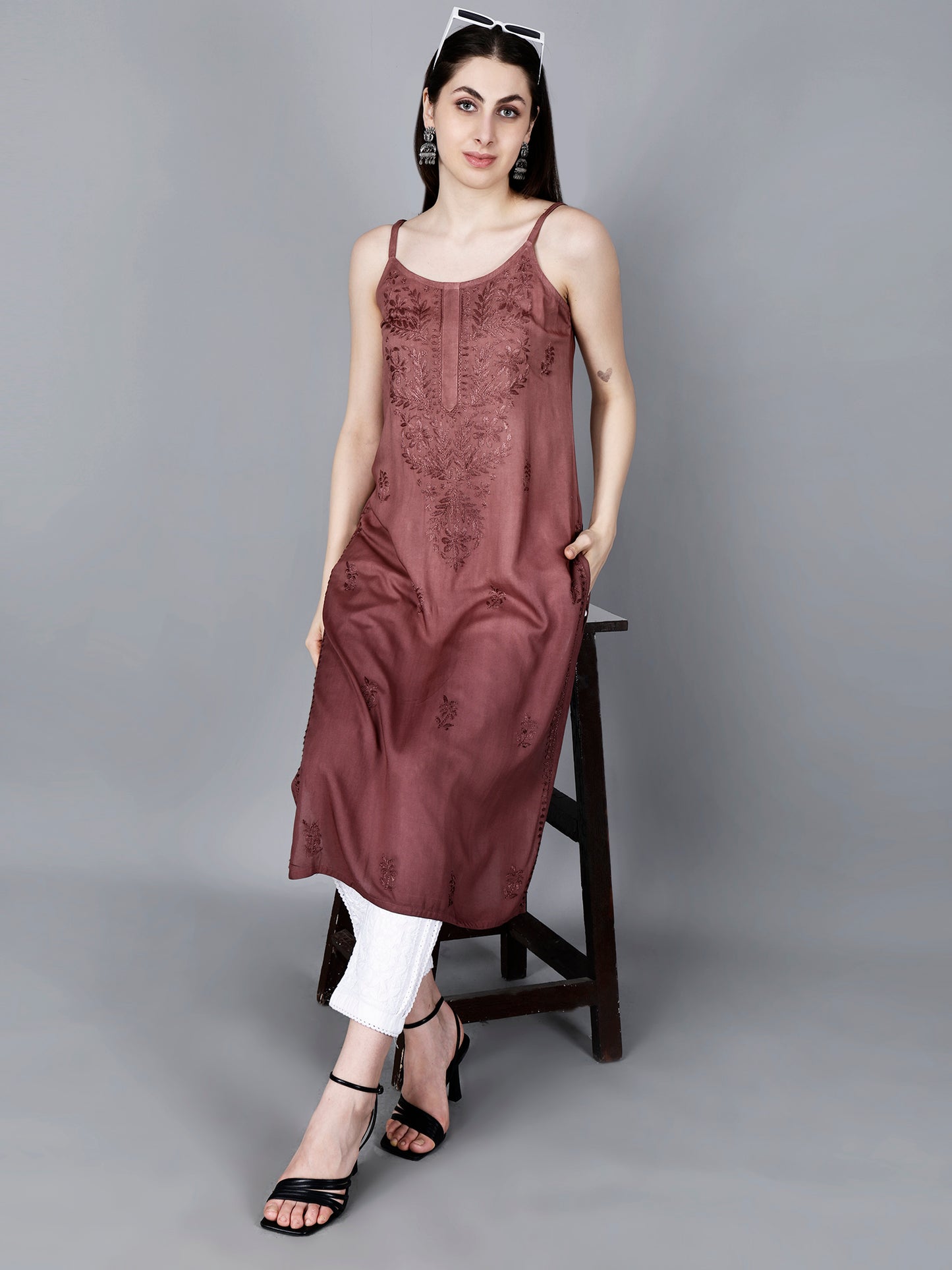 The Chikankari Story: Elegant Noodle Strap Kurti with Intricate Hand Embroidery in Pure Modal Fabric – Ombre Shades for a Modern Twist