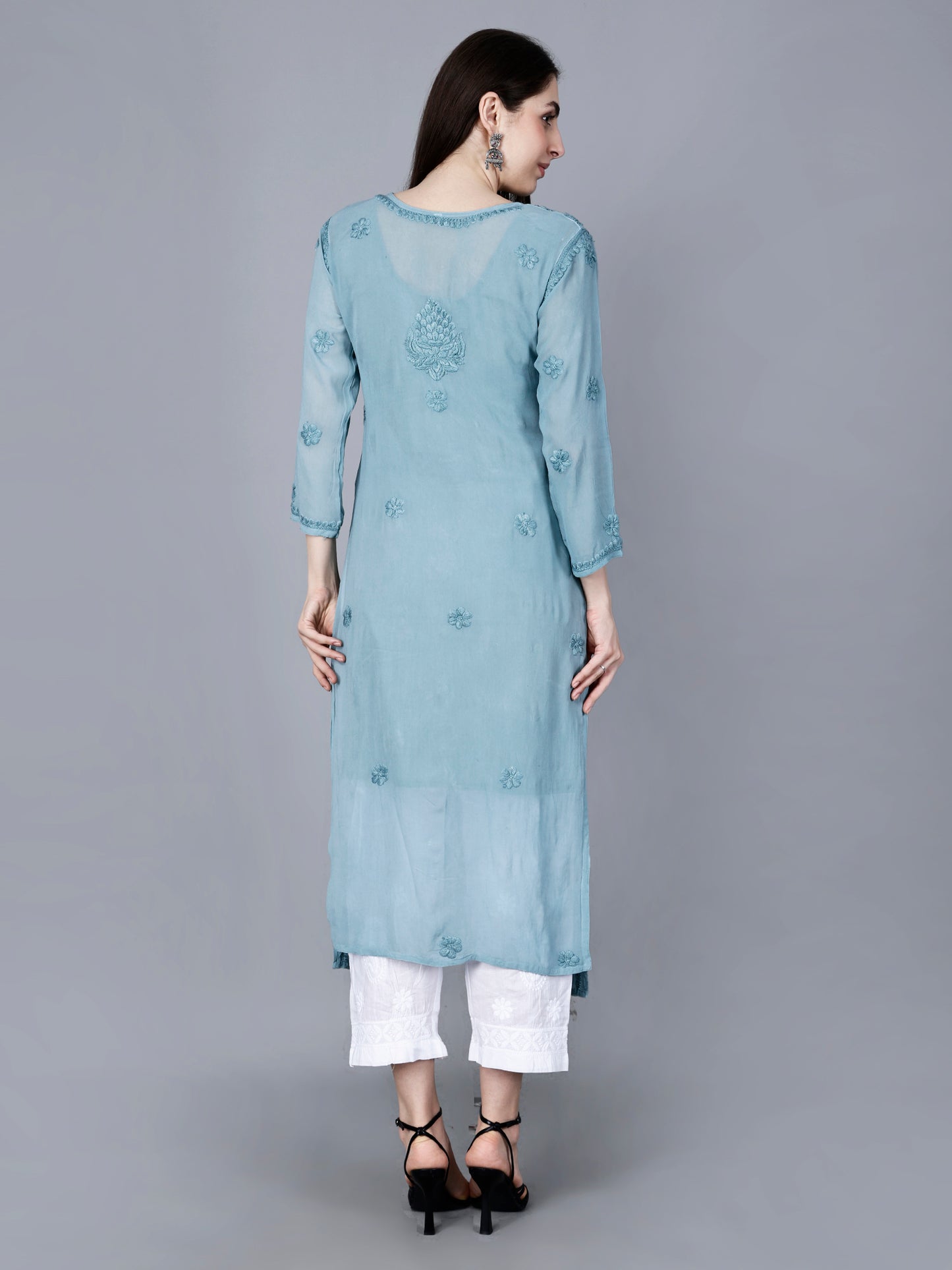 "The Chikankari Story"Chikankari Hand Embroidered Long Kurti in Pure Viscose with 3D Work – Traditional Meets Modern Elegance.