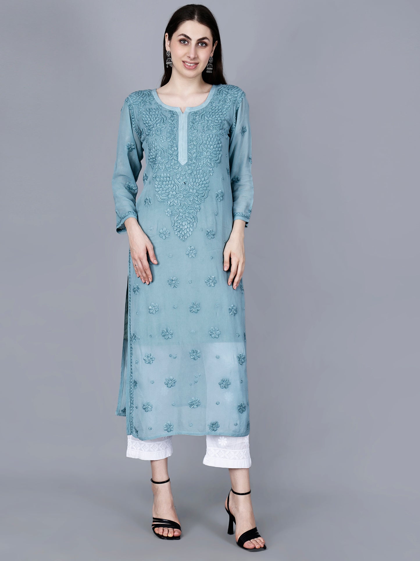 "The Chikankari Story"Chikankari Hand Embroidered Long Kurti in Pure Viscose with 3D Work – Traditional Meets Modern Elegance.