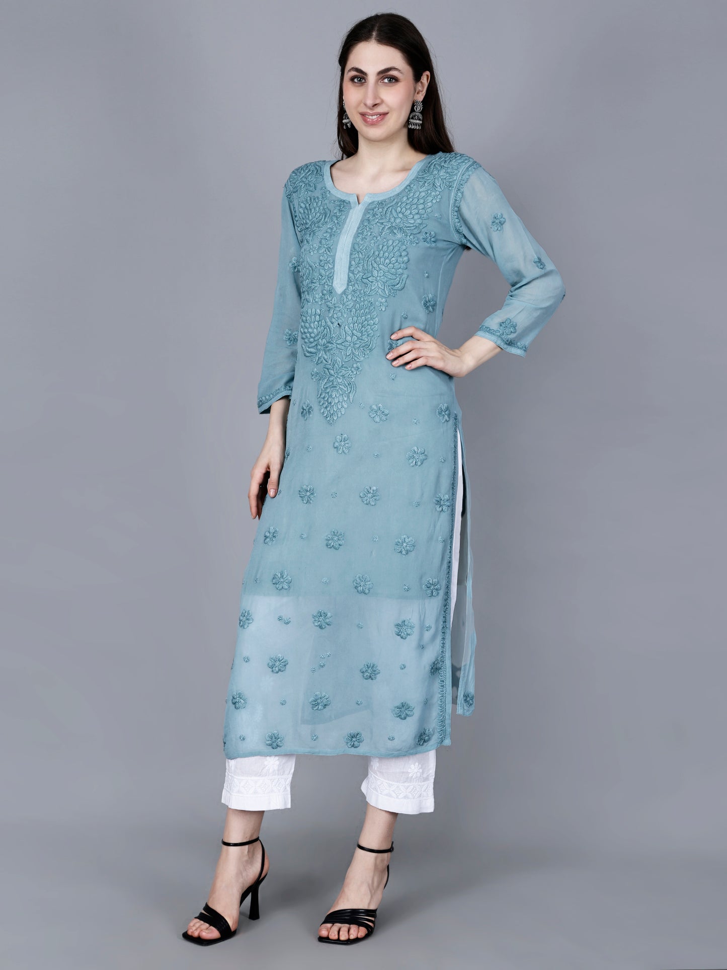 "The Chikankari Story"Chikankari Hand Embroidered Long Kurti in Pure Viscose with 3D Work – Traditional Meets Modern Elegance.