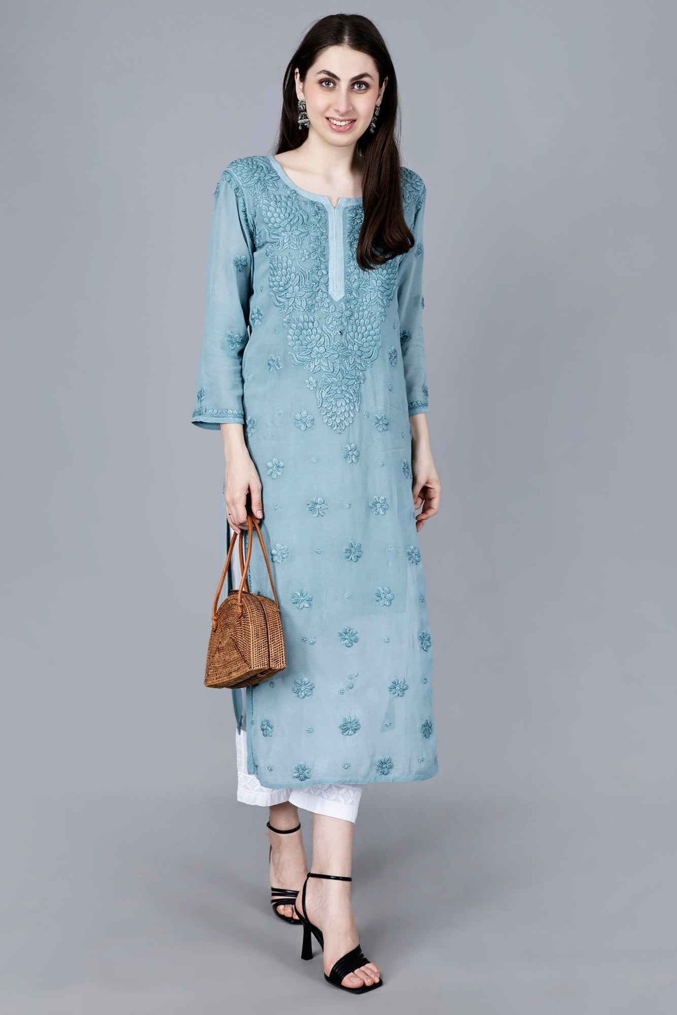 The Chikankari Story: Chikankari Hand Embroidered Long Kurti in Pure Viscose with 3D Work – Traditional Meets Modern Elegance