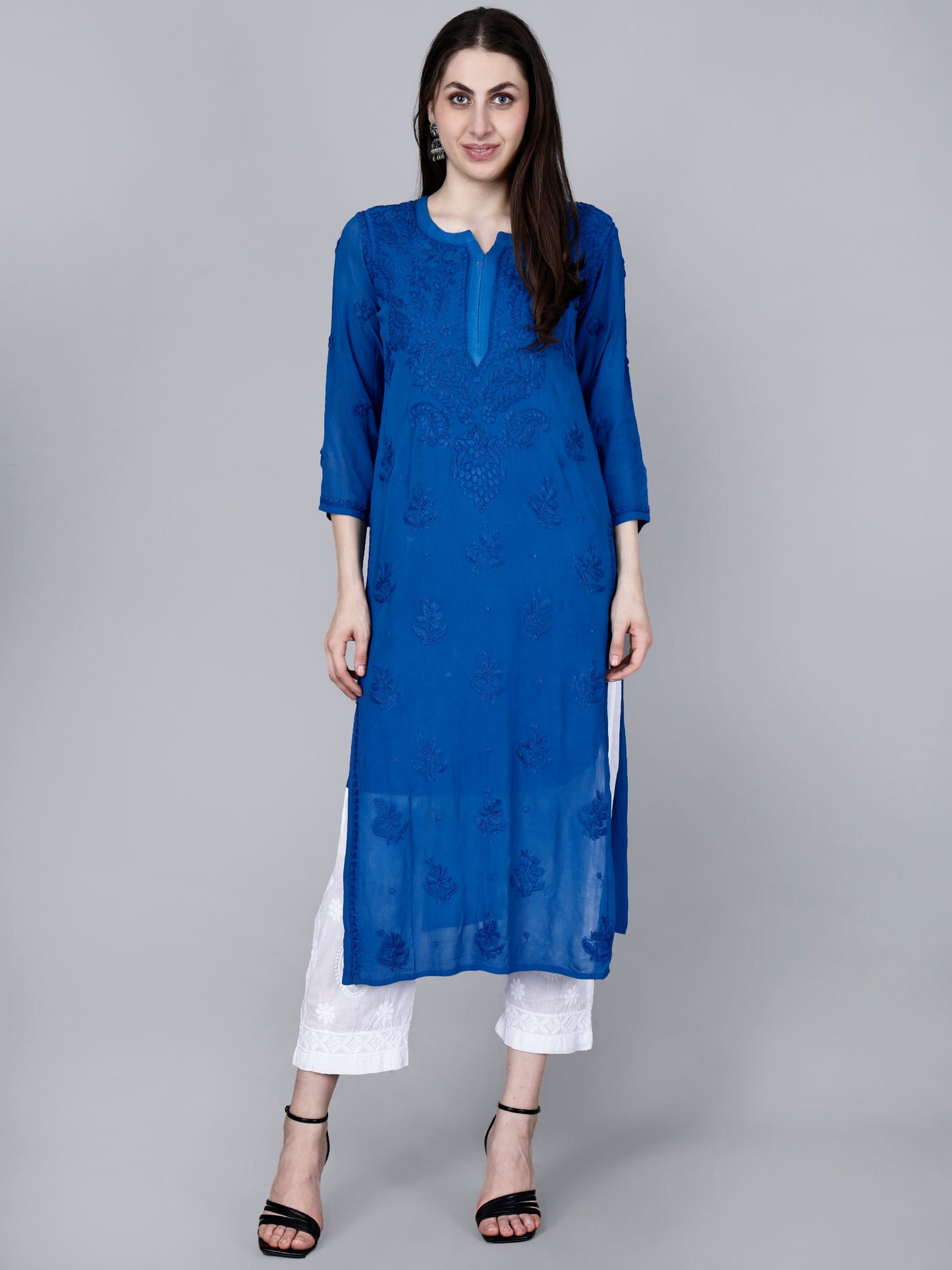 "The Chikankari Story"Chikankari Hand Embroidered Long Kurti in Pure Viscose with 3D Work – Traditional Meets Modern Elegance.