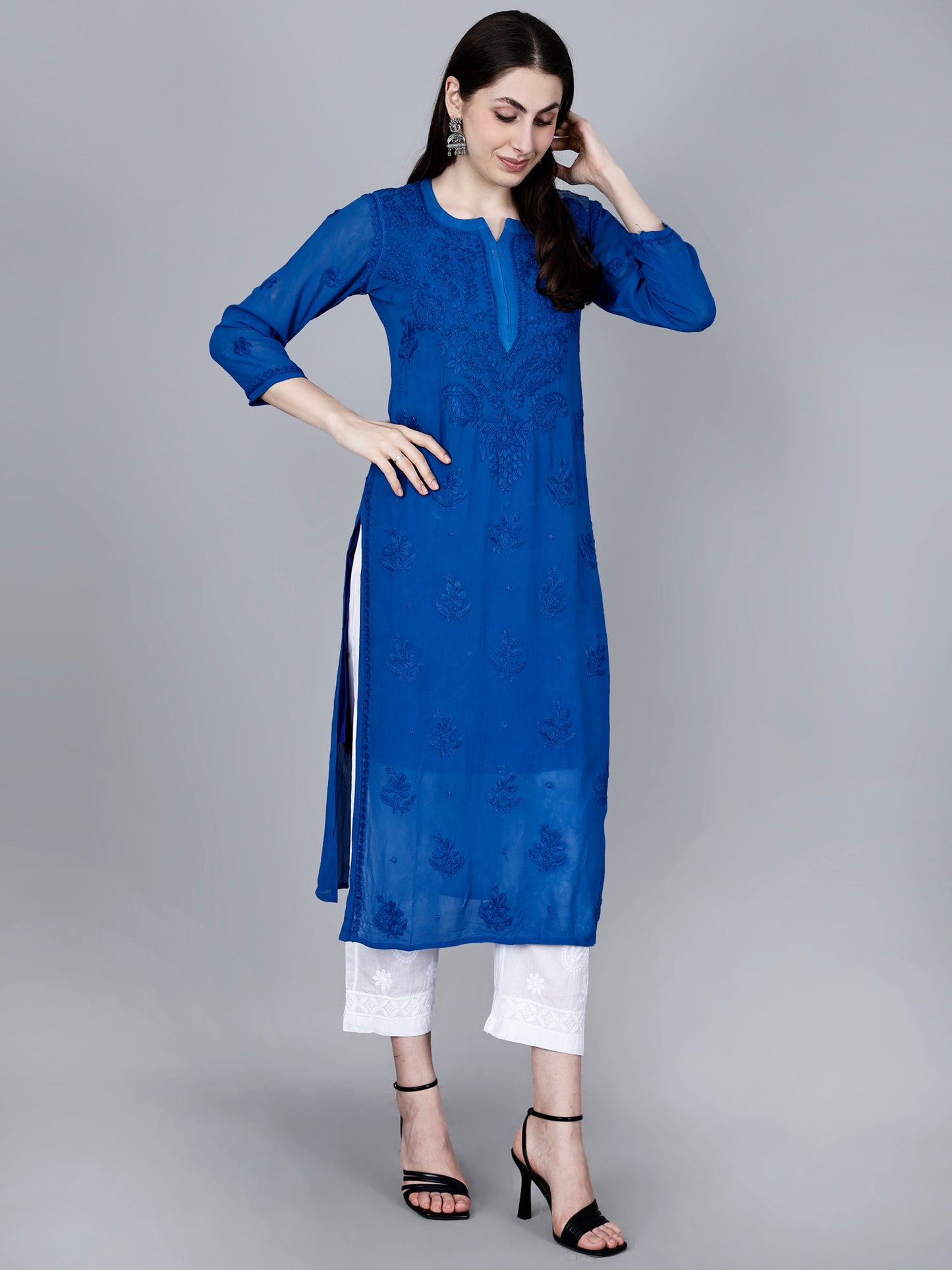 "The Chikankari Story"Chikankari Hand Embroidered Long Kurti in Pure Viscose with 3D Work – Traditional Meets Modern Elegance.